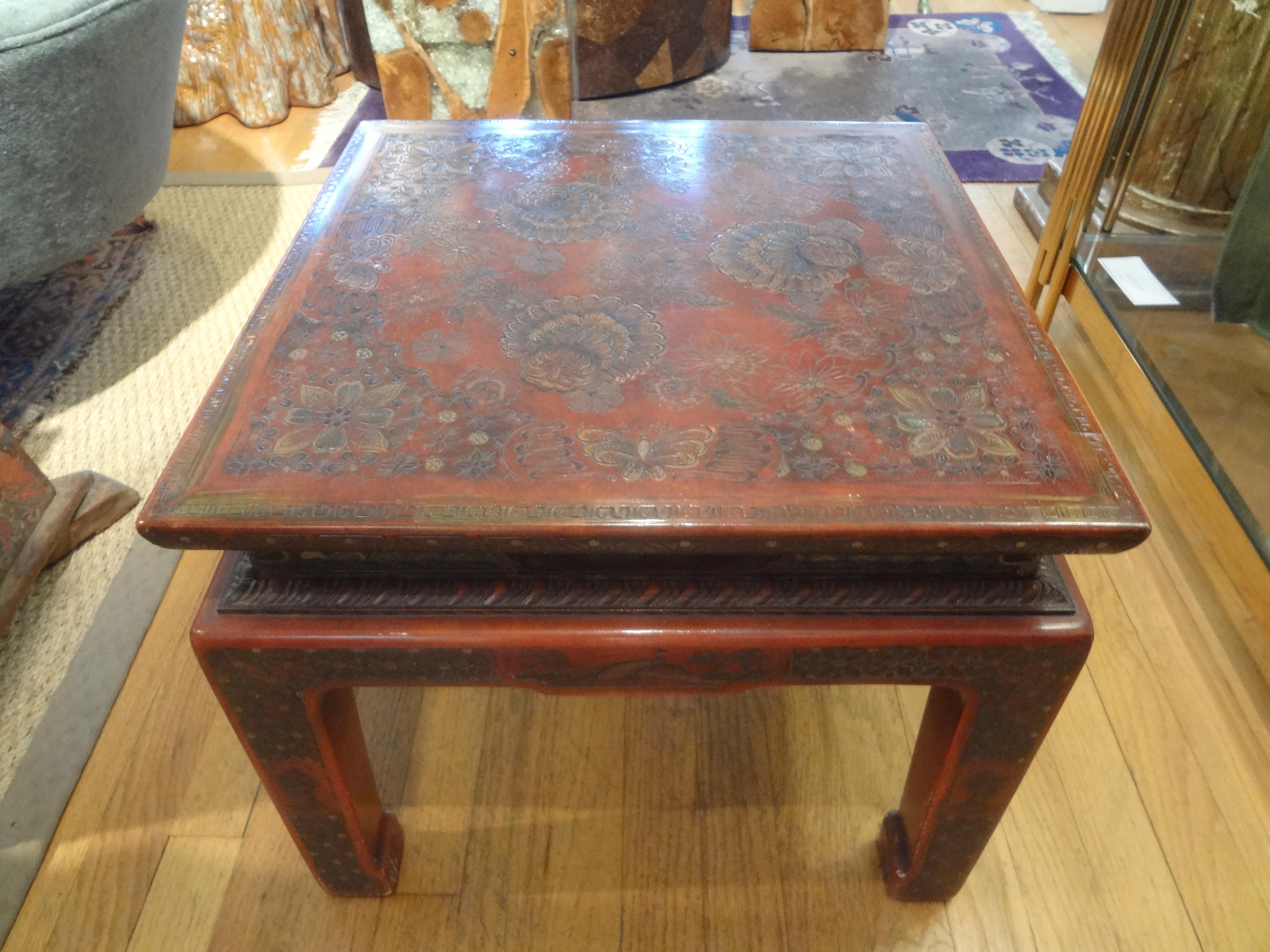 Chinese Export Asian Modern John Widdicomb Square Lacquered Table with Incised Decoration For Sale