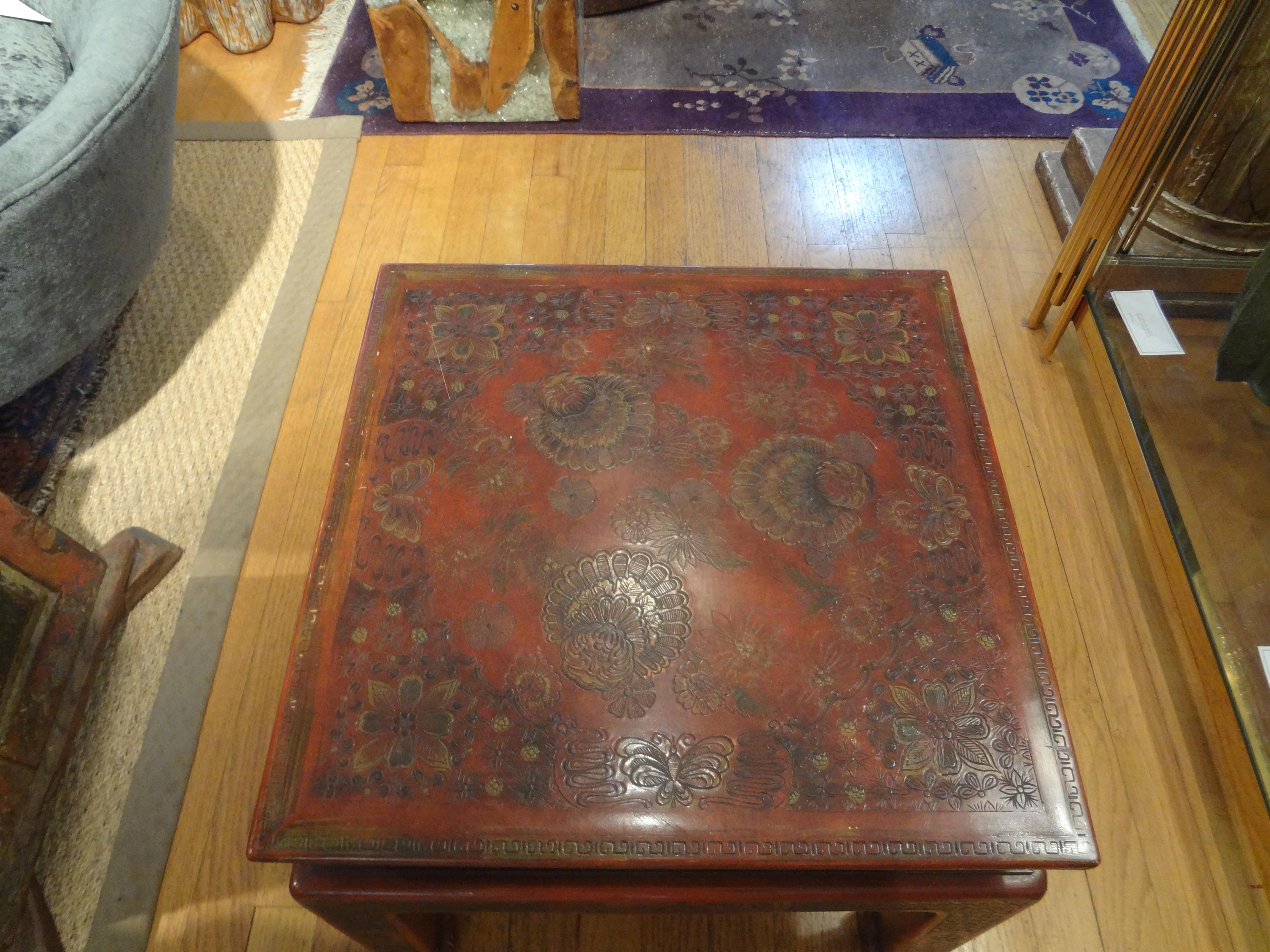 North American Asian Modern John Widdicomb Square Lacquered Table with Incised Decoration For Sale