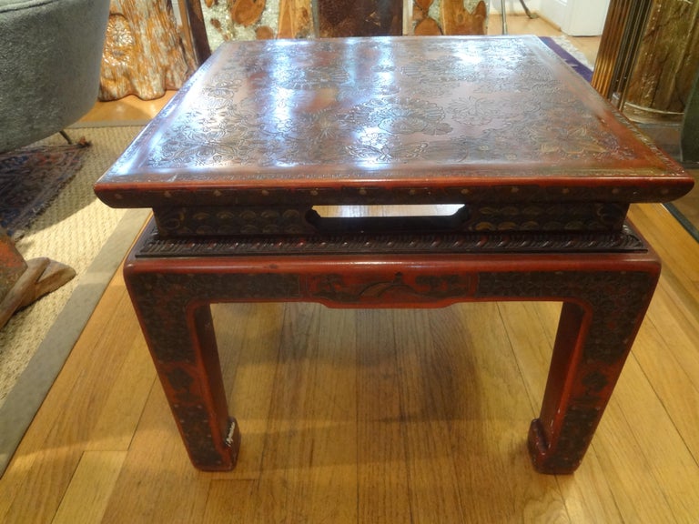 Asian Modern John Widdicomb Square Lacquered Table with Incised Decoration In Good Condition For Sale In Houston, TX