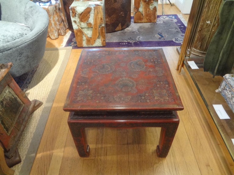 Mid-20th Century Asian Modern John Widdicomb Square Lacquered Table with Incised Decoration For Sale