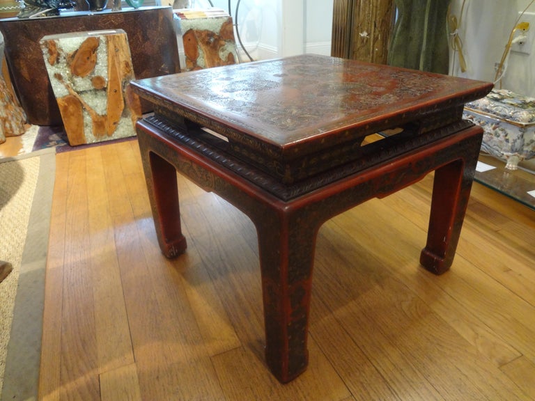 Wood Asian Modern John Widdicomb Square Lacquered Table with Incised Decoration For Sale