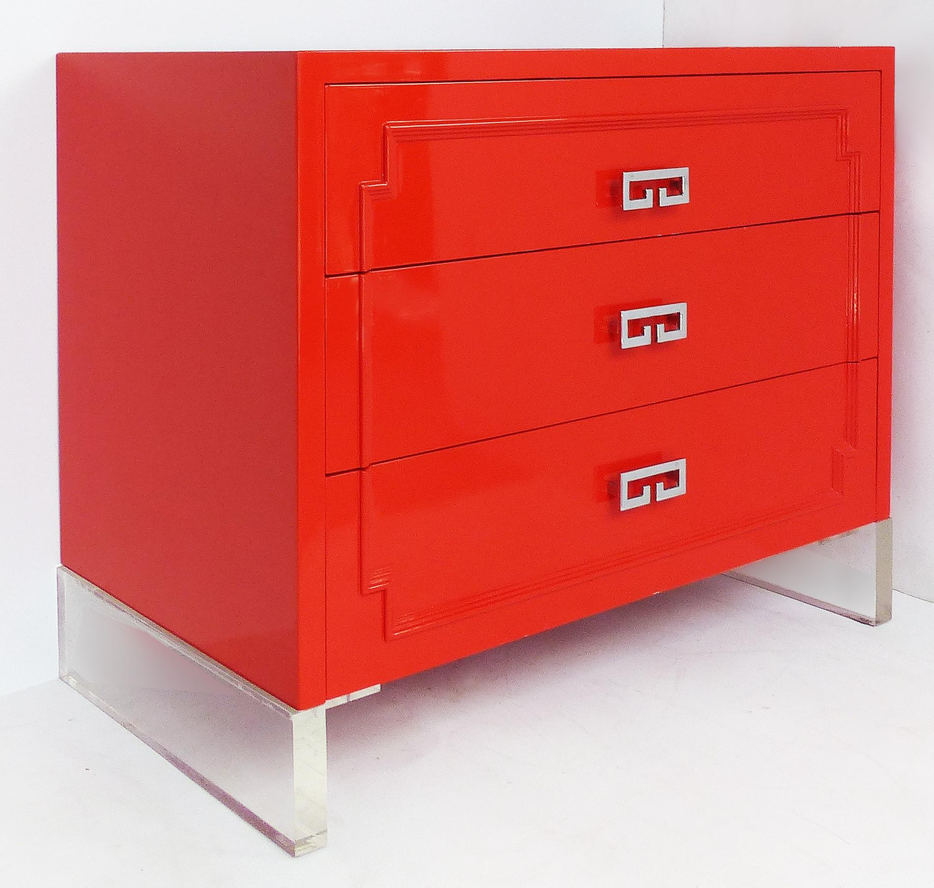Mid-Century Modern Asian Modern Lacquered Chests with Lucite Bases and Chrome Hardware, Pair