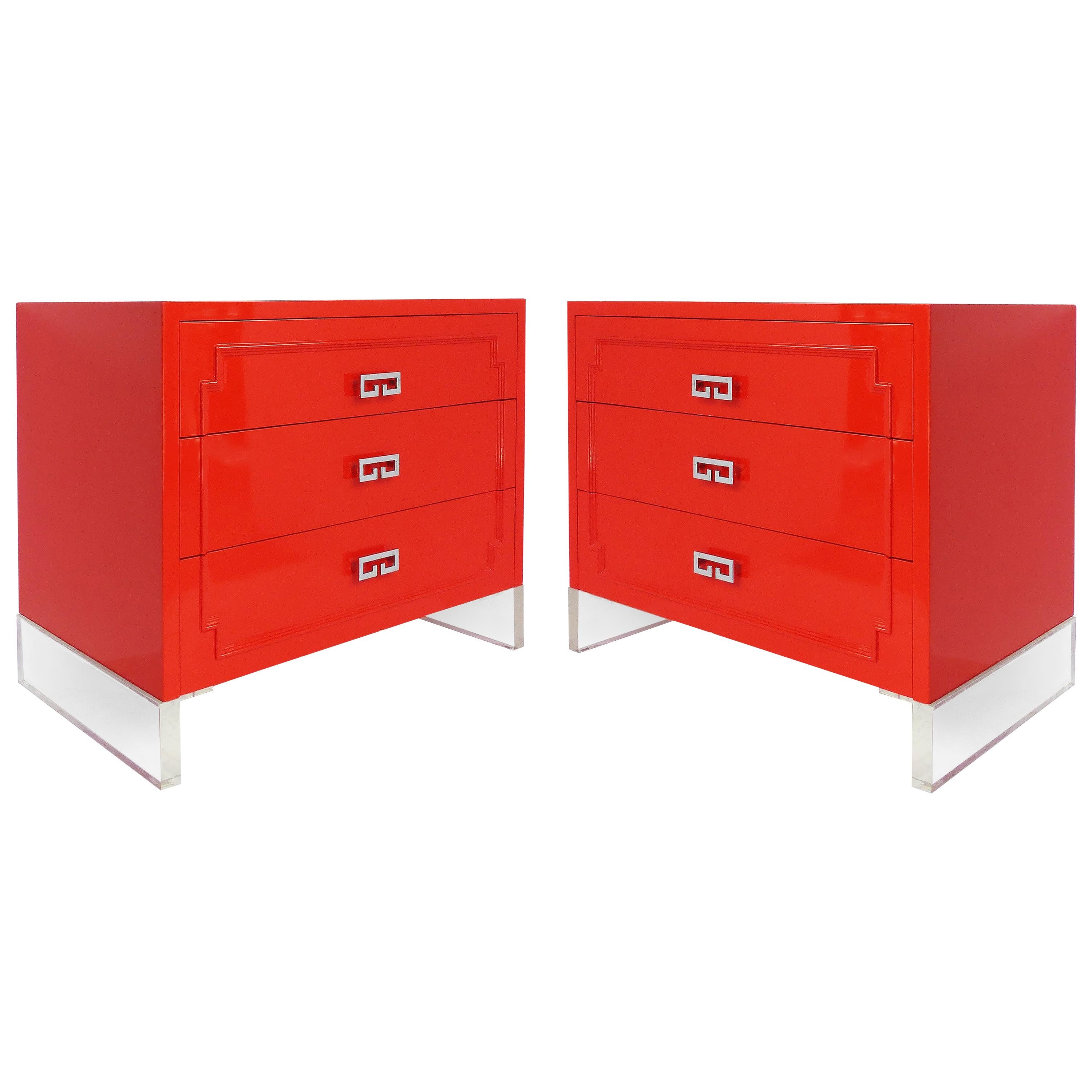 Asian Modern Lacquered Chests with Lucite Bases and Chrome Hardware, Pair