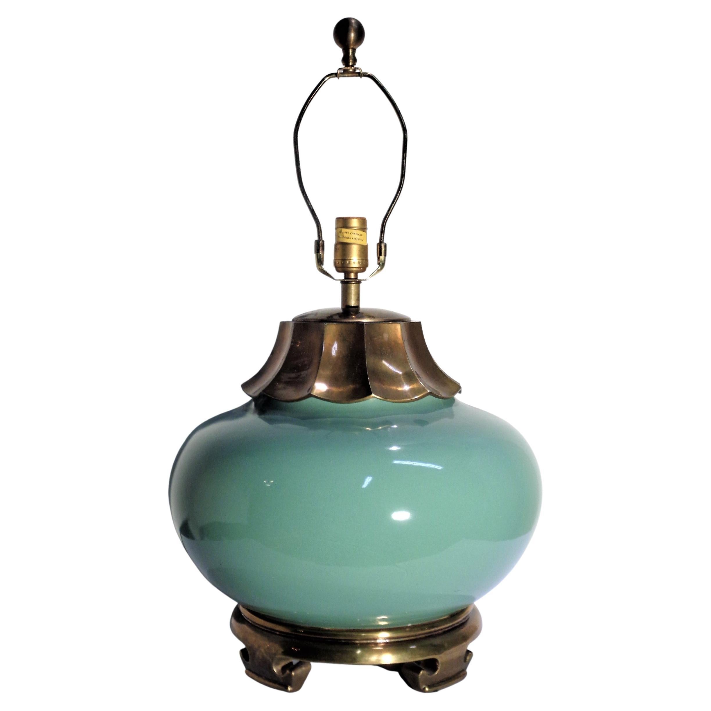 Glamorous Asian Modern Ming style large scale bulbous form high glazed celadon turquoise blue porcelain ceramic table lamp with patinated brass bronzed metal mounts. Original Chapman paper label at top shaft - dated 1979. Beautiful lamp. Look at all