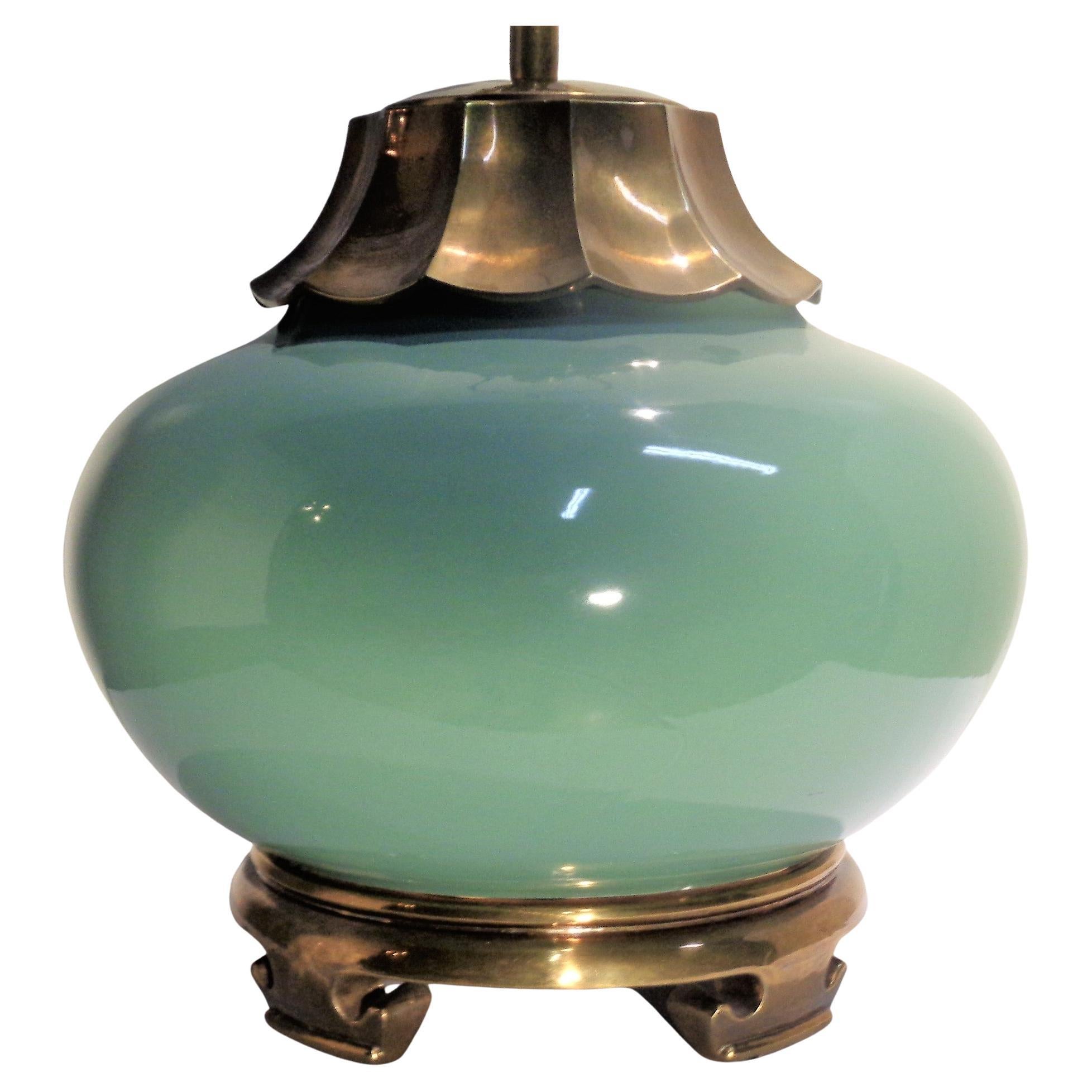 American Asian Modern Ming Style Porcelain Bronzed Metal Table Lamp by Chapman, 1970's