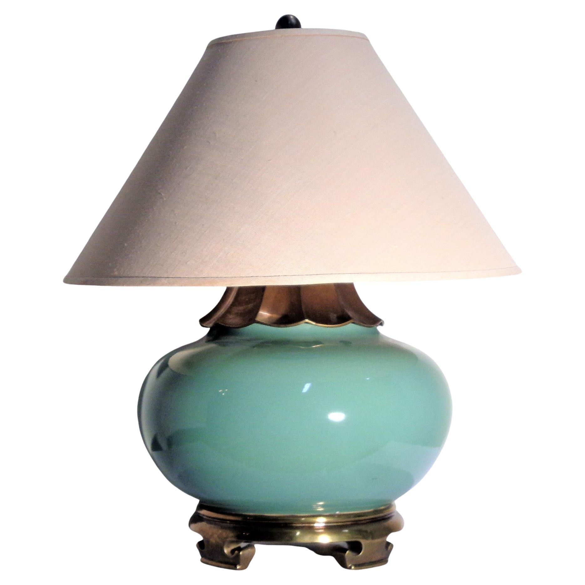 Asian Modern Ming Style Porcelain Bronzed Metal Table Lamp by Chapman, 1970's In Good Condition In Rochester, NY