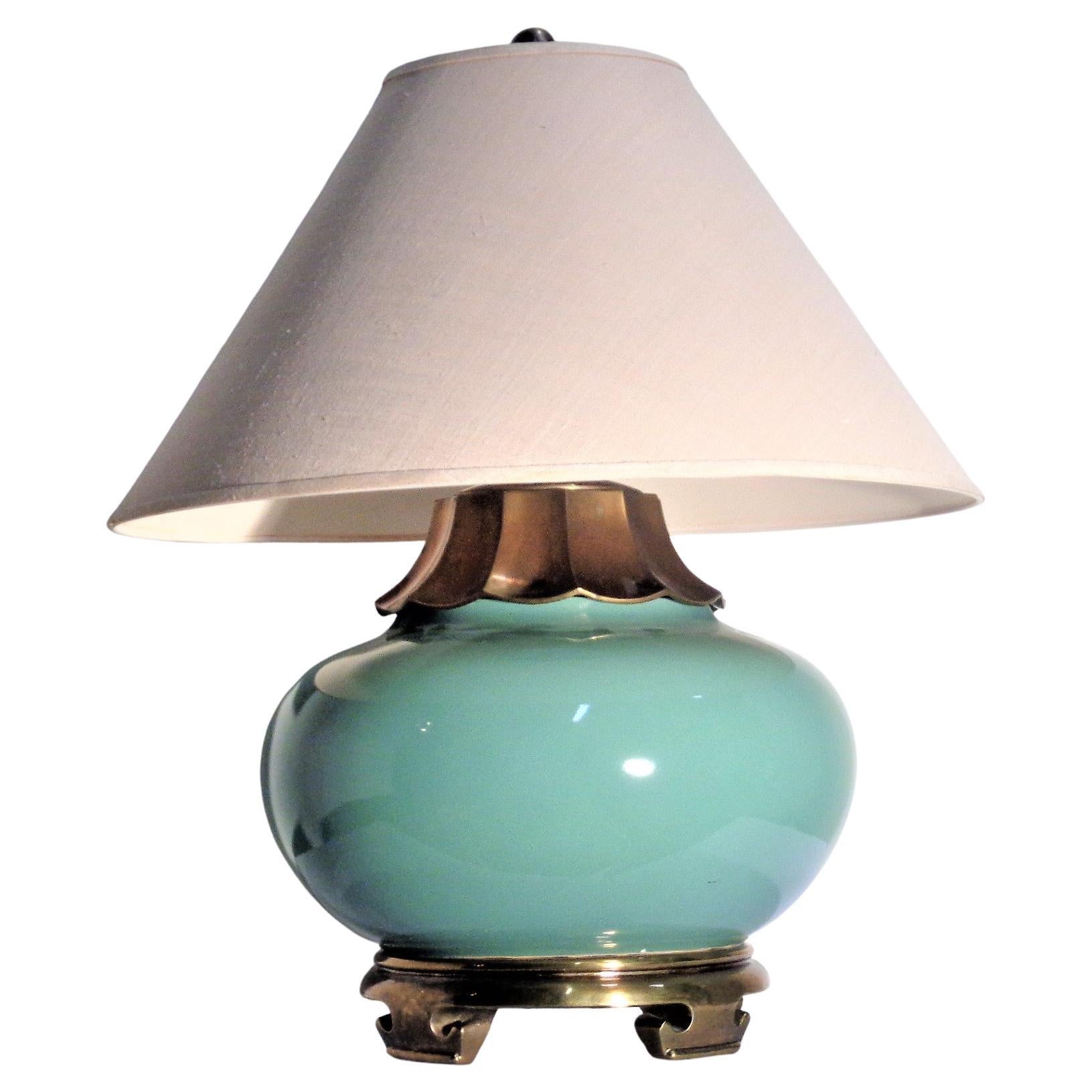Asian Modern Ming Style Porcelain Bronzed Metal Table Lamp by Chapman, 1970
s