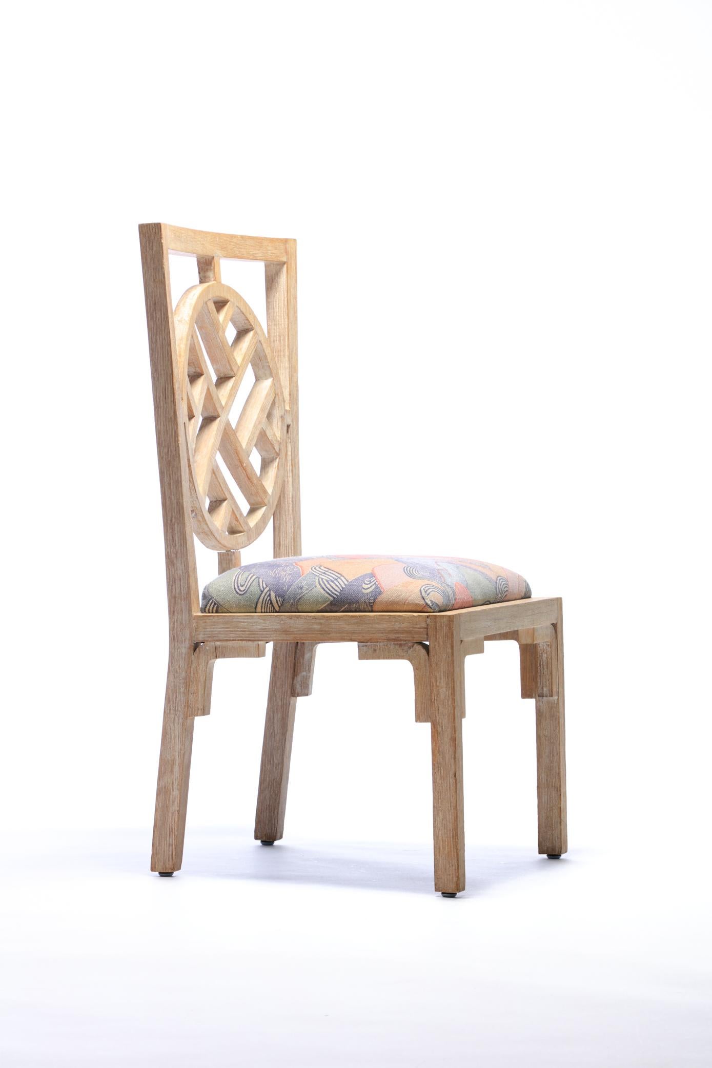 Cerused wood frame side chair with Asian Motif selected by Kelly Wearstler for her project - Miami Viceroy, circa 2008. A chic chair that has been updated in Kelly Wearstler for Groundworks / Lee Jofa linen fabric called Edo Linen in Opal colorway.