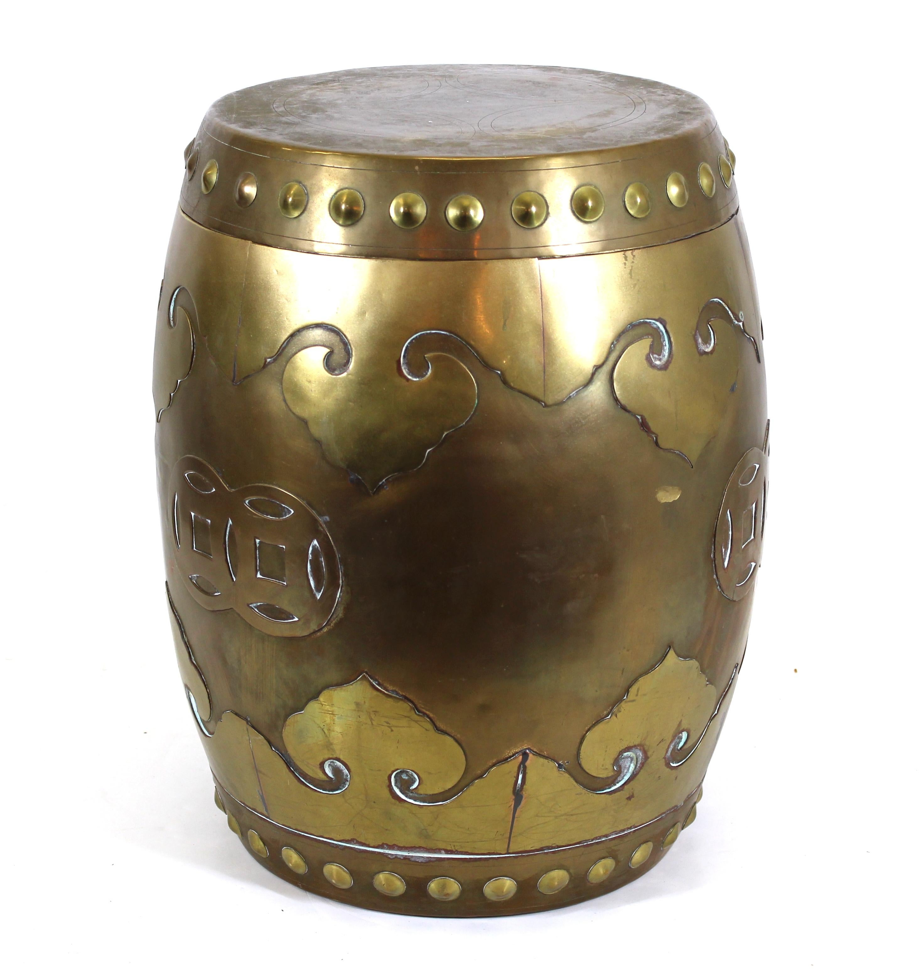 Asian Modern style barrel shaped garden stool in brass, with lid and interior storage space. Measures: 18