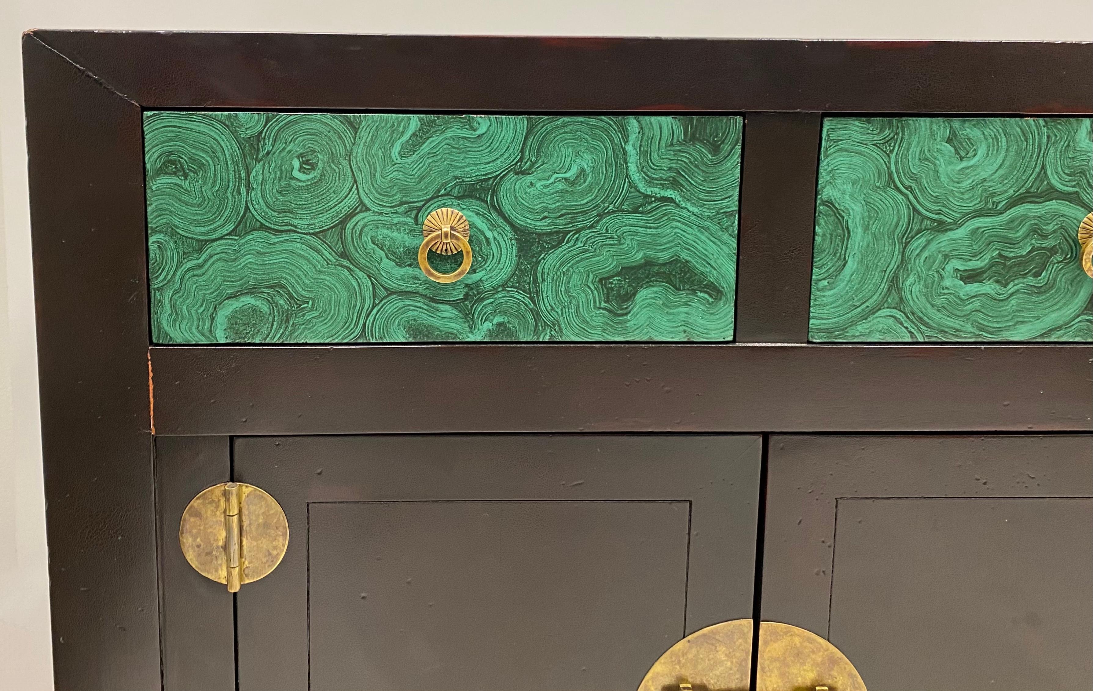 Philippine Asian Modern Style Credenza with Faux Malachite Accents by Henredon For Sale