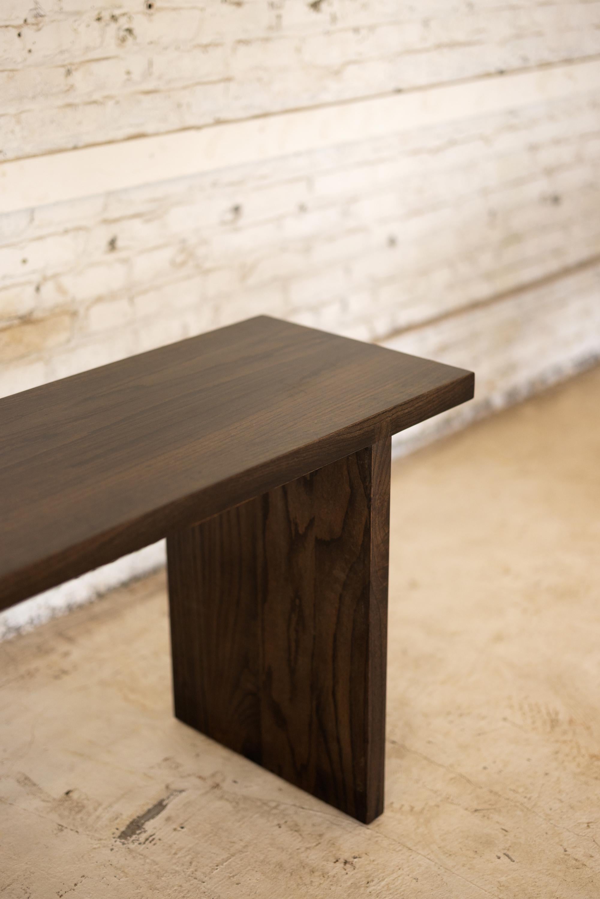 Minimalist Asian Modern Style Sofa Table Dark Oak Stain, Tiny Shipping Dent + Crack For Sale