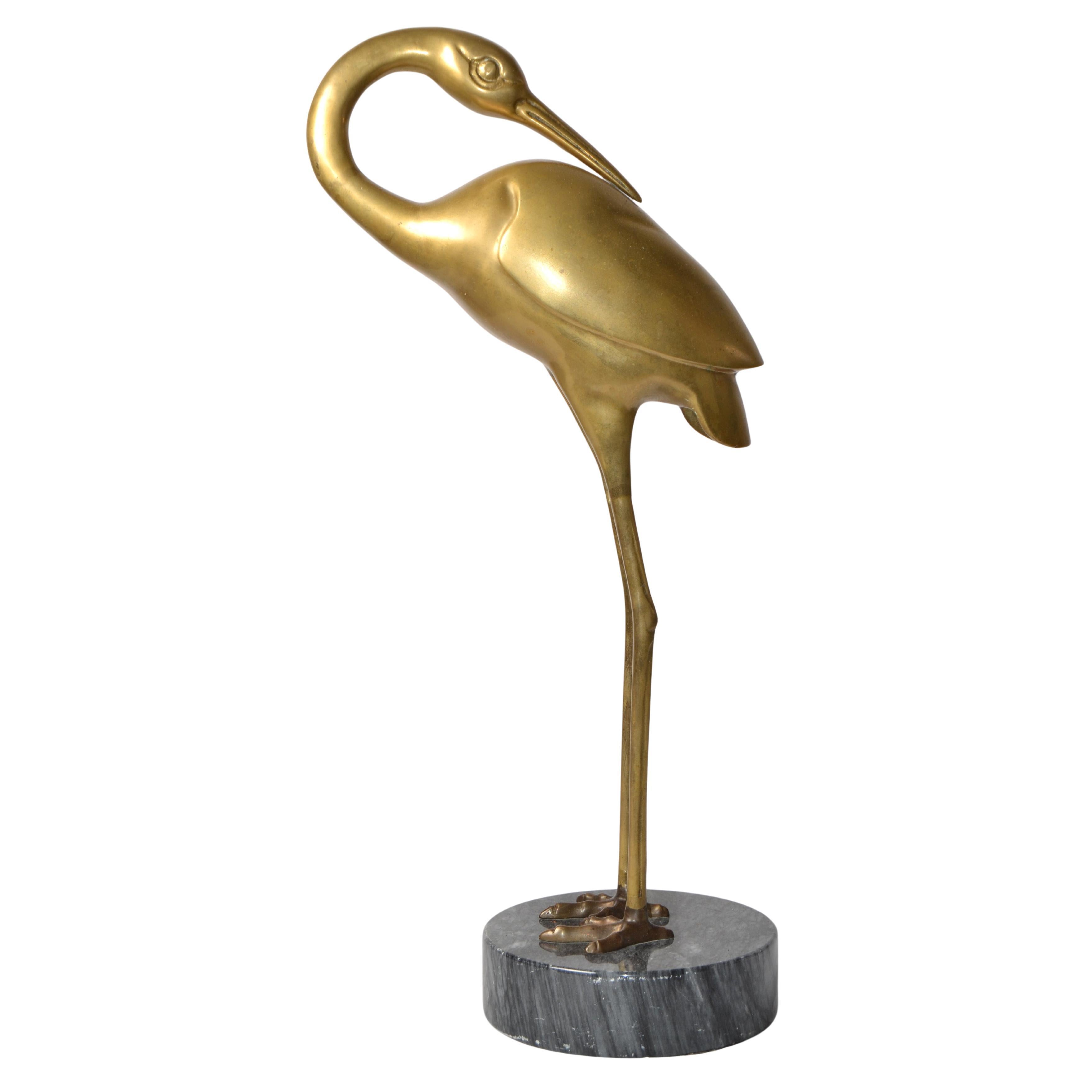 Asian Modern Stylized Bronze Handmade Crane Heron Sculpture Round Marble Base in vendita