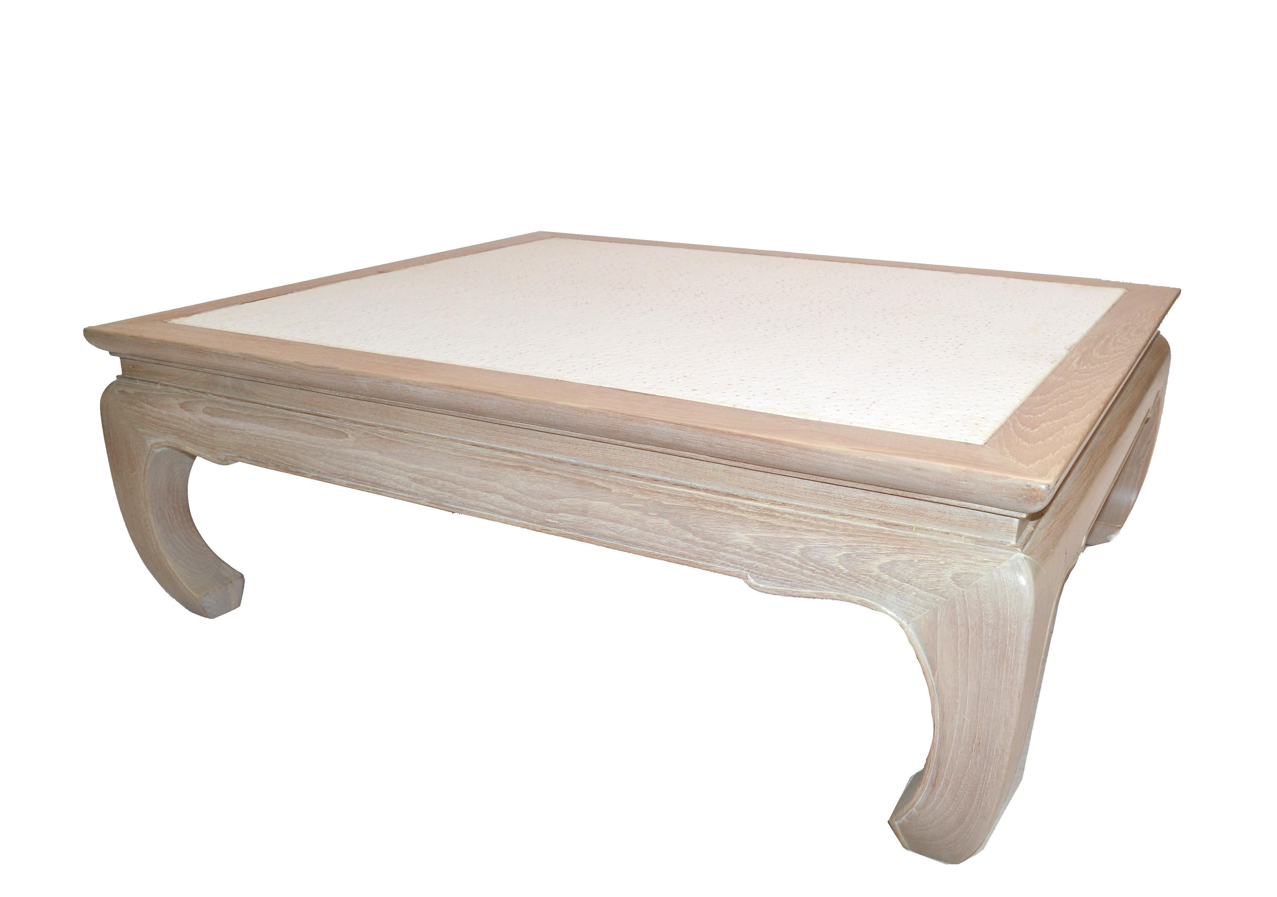 Asian Modern White Bleached Oak Coffee Table Faux Ostrich Top Chinoiserie, 1970s In Good Condition For Sale In Miami, FL