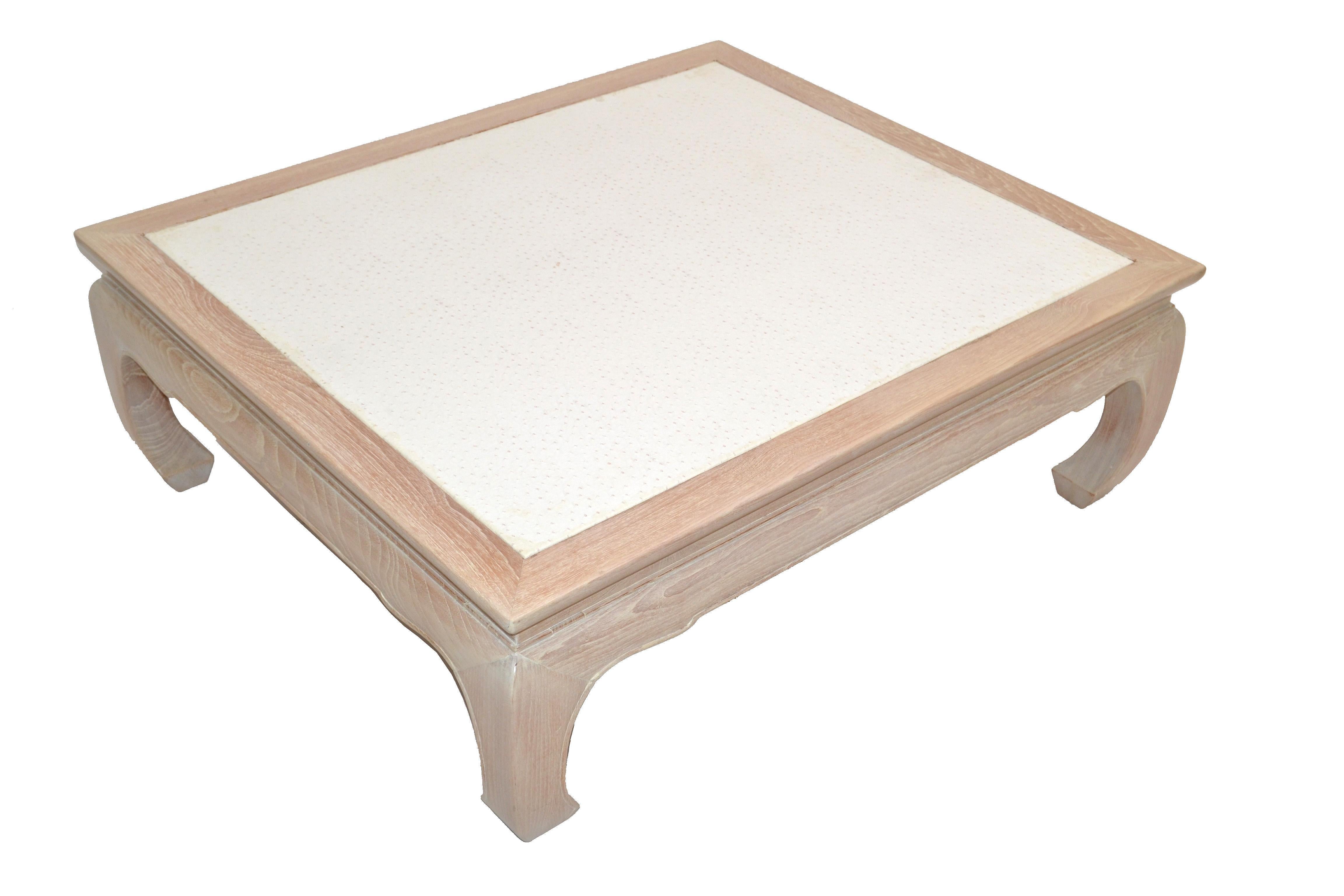 20th Century Asian Modern White Bleached Oak Coffee Table Faux Ostrich Top Chinoiserie, 1970s For Sale