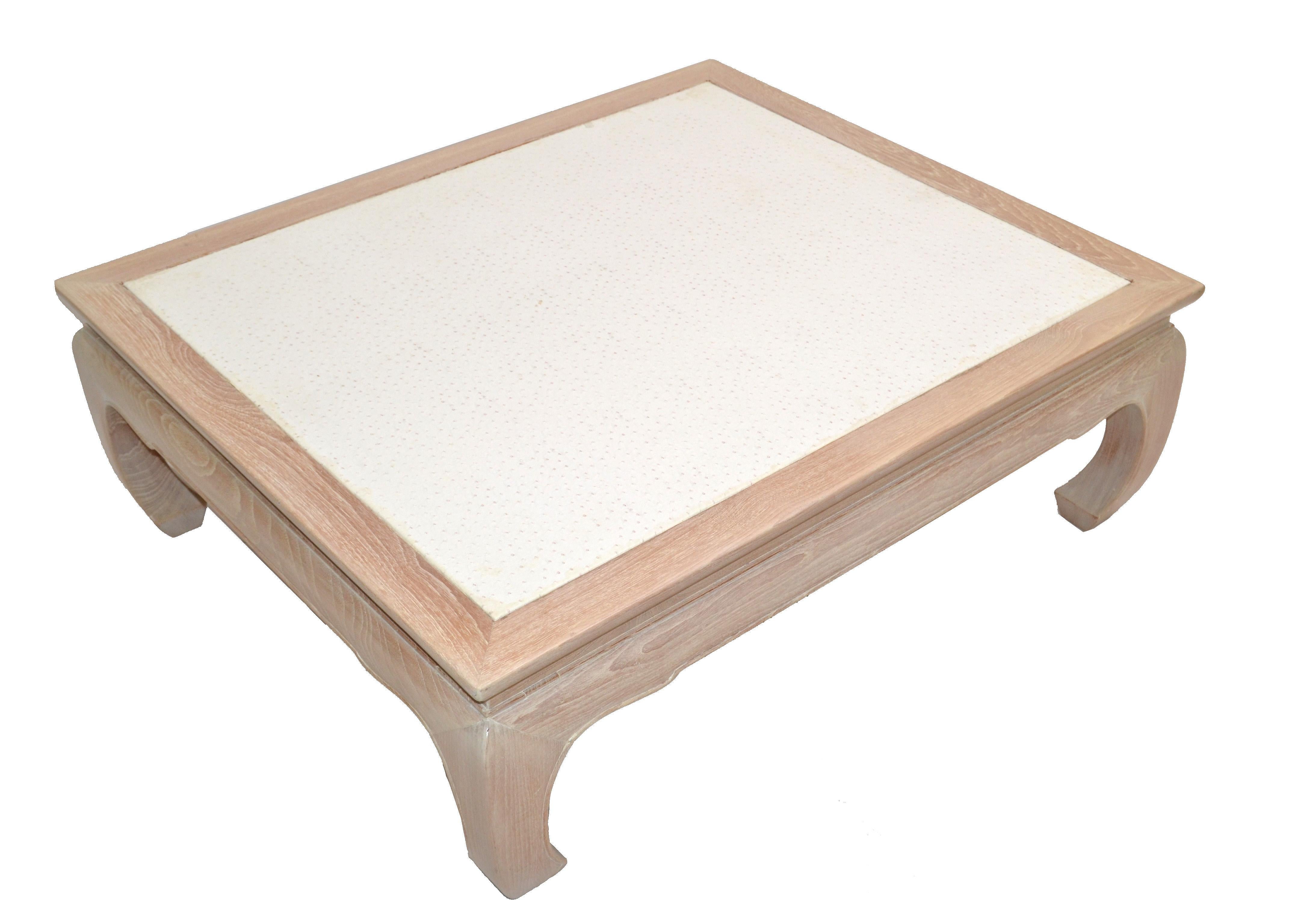 Asian Modern White Bleached Oak Coffee Table Faux Ostrich Top Chinoiserie, 1970s For Sale 2