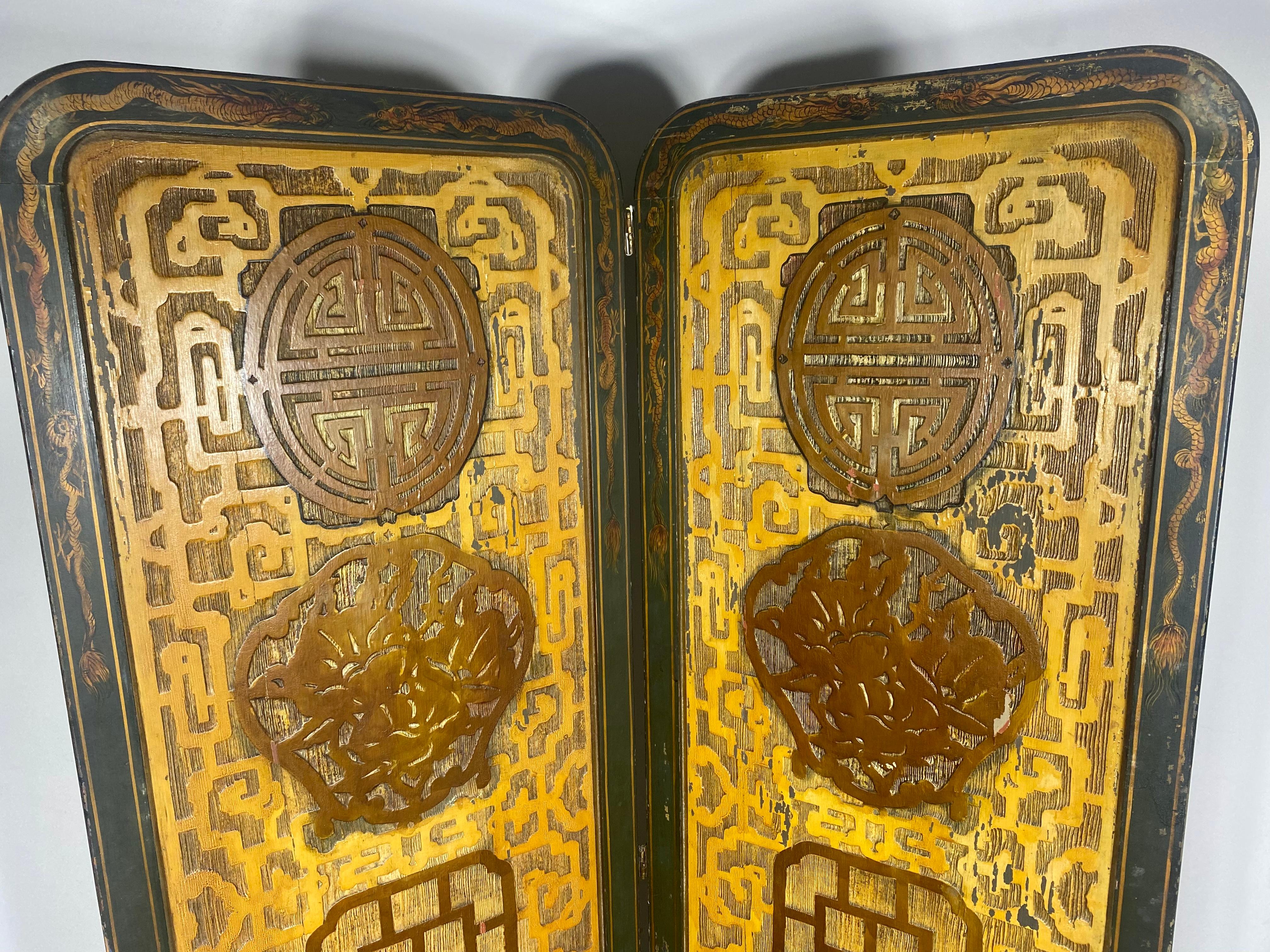  Asian Modernist / Chinese carved & hand painted two-panel screen , divider. For Sale 2