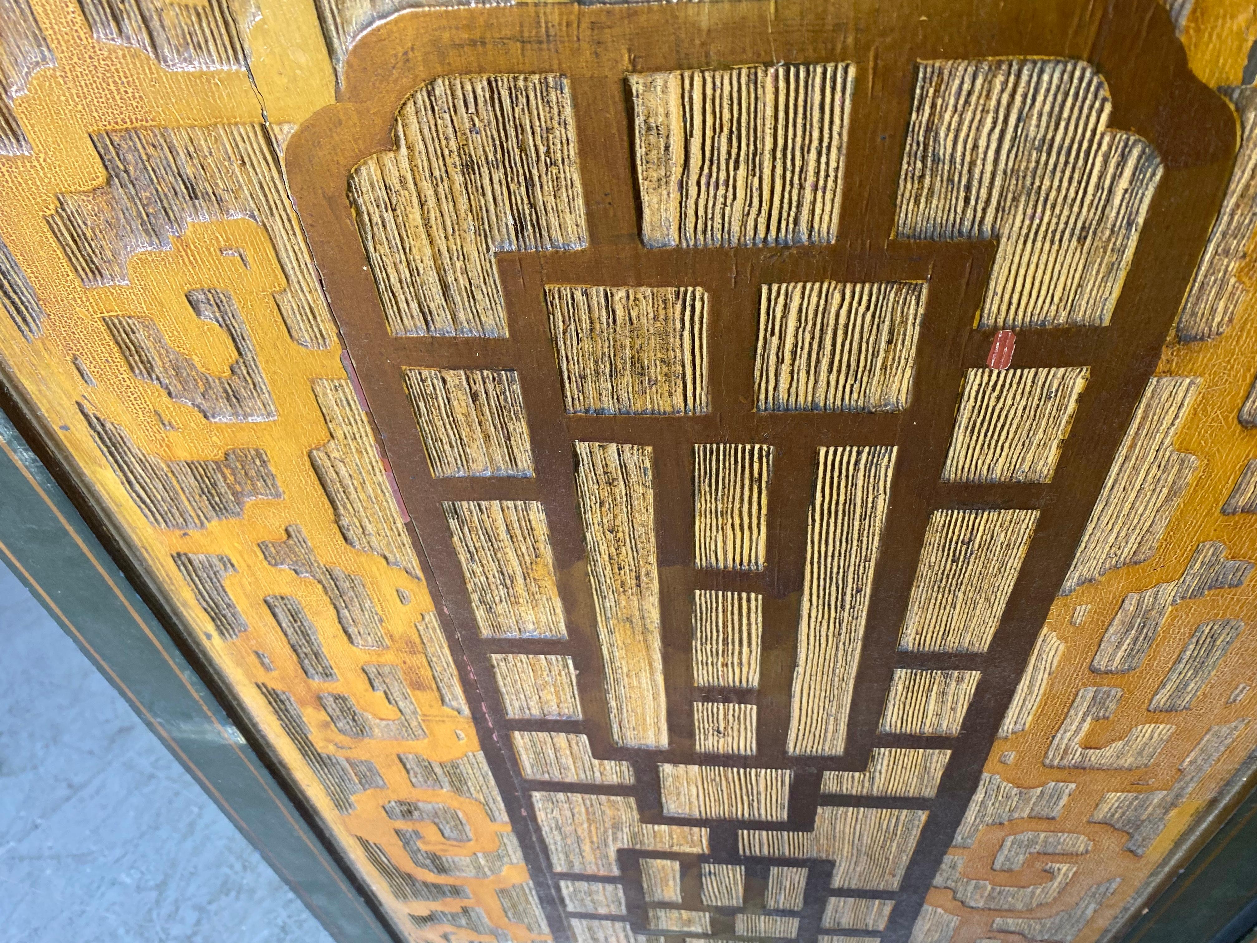 Asiatischer Modernist / Chinesisch geschnitzt & handbemalt zwei-Panel-Bildschirm, Trennwand. (Holz) im Angebot
