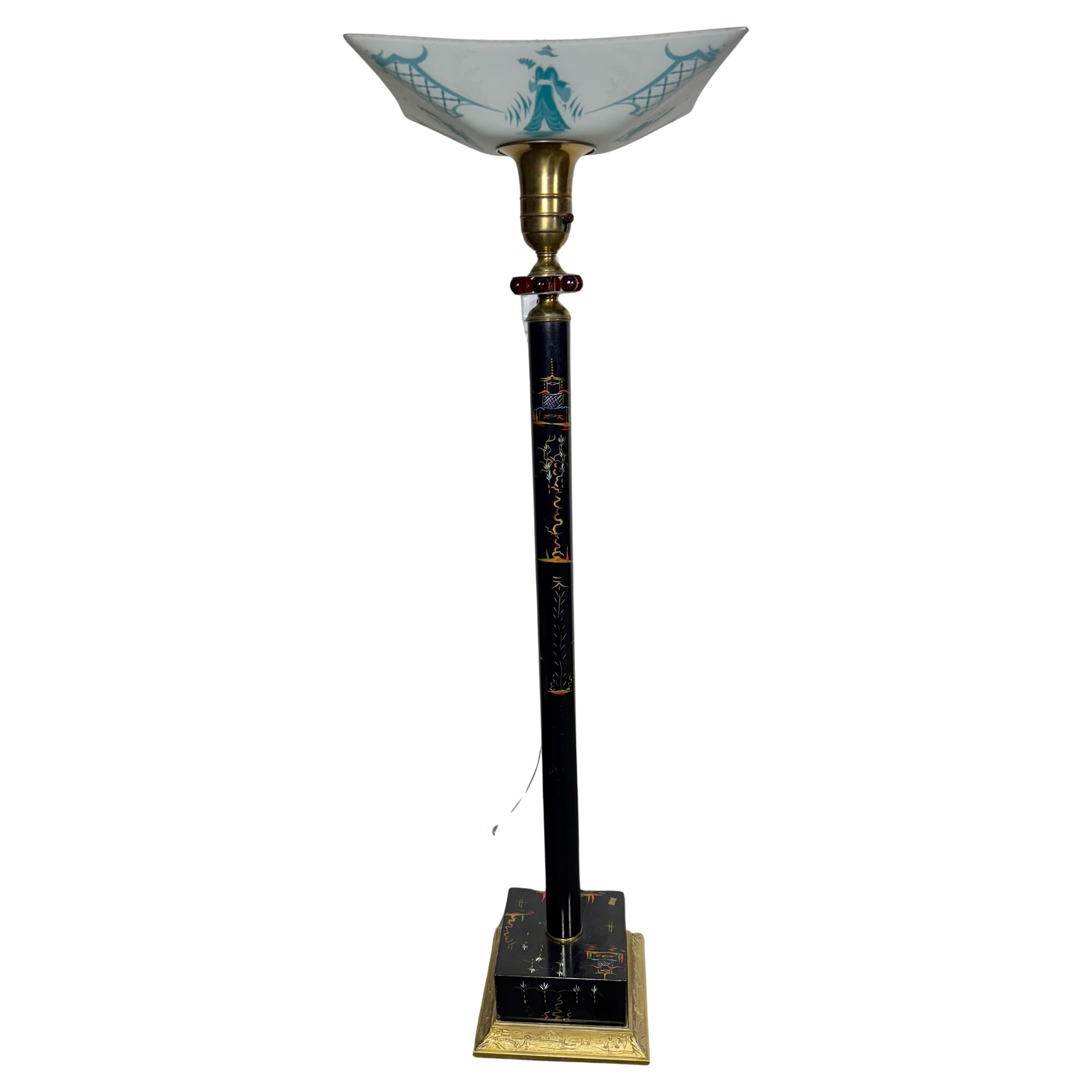 Asian Modernist Chinese Style Hand Painted Torchere / Floor Lamp