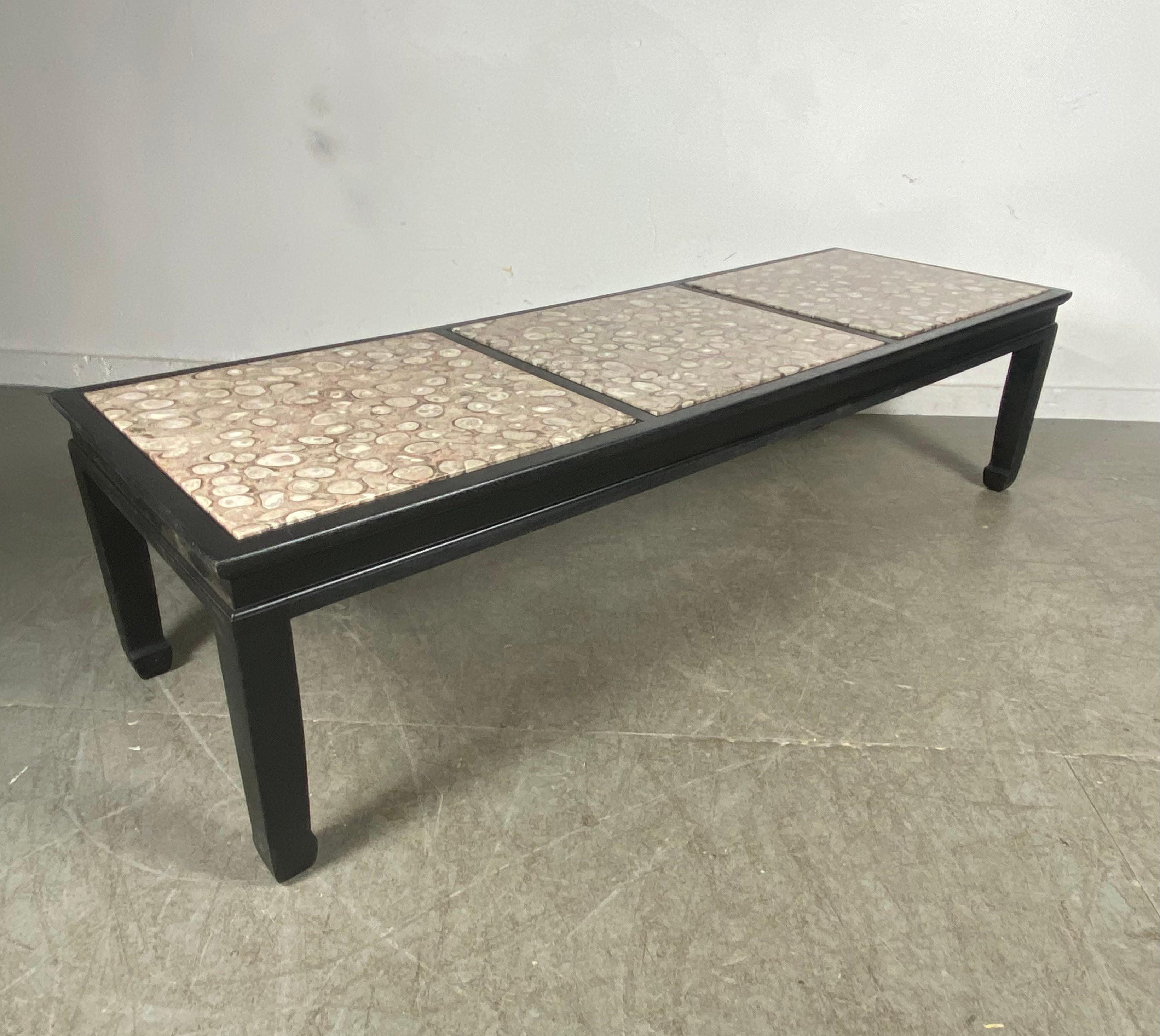 Asian Modernist Cocktail /Coffee Table Inset Marble, Ebonized Wood by Kittinger In Good Condition In Buffalo, NY