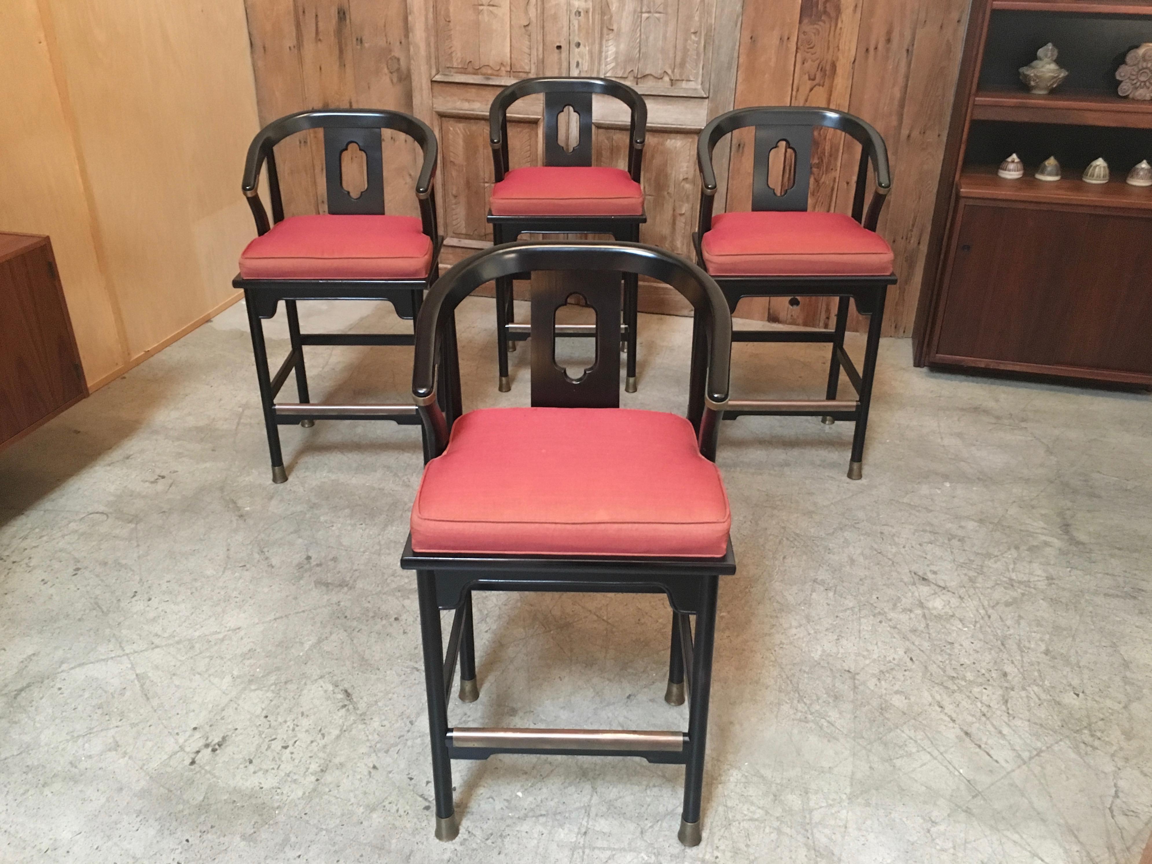 Mid-Century Modern Asian barstools made by Century chair co. ebonized wood with solid brass accents.