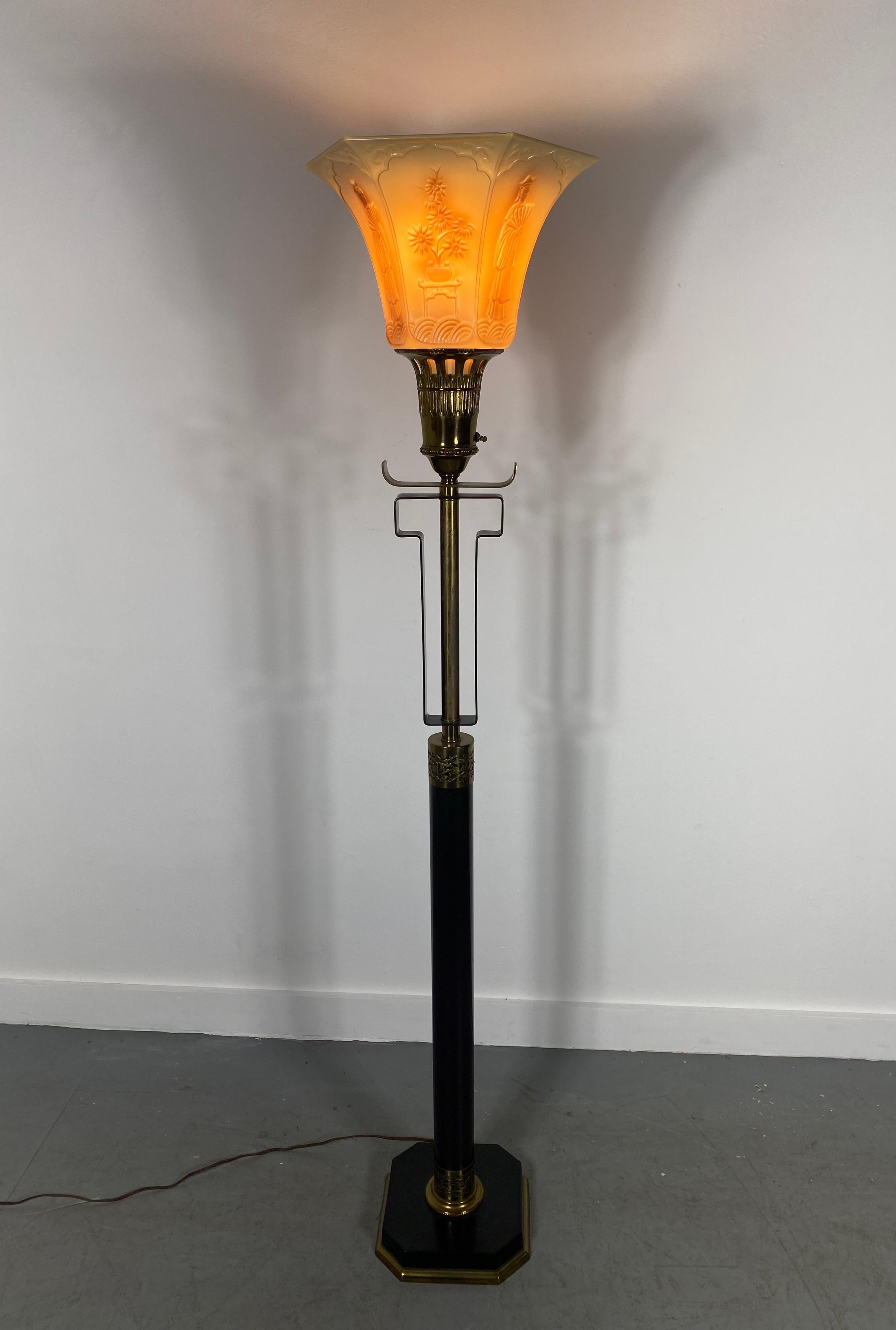 Metal Asian Modernist Torchere / Floor Lamp, Attributed to James Mont, 1940s For Sale