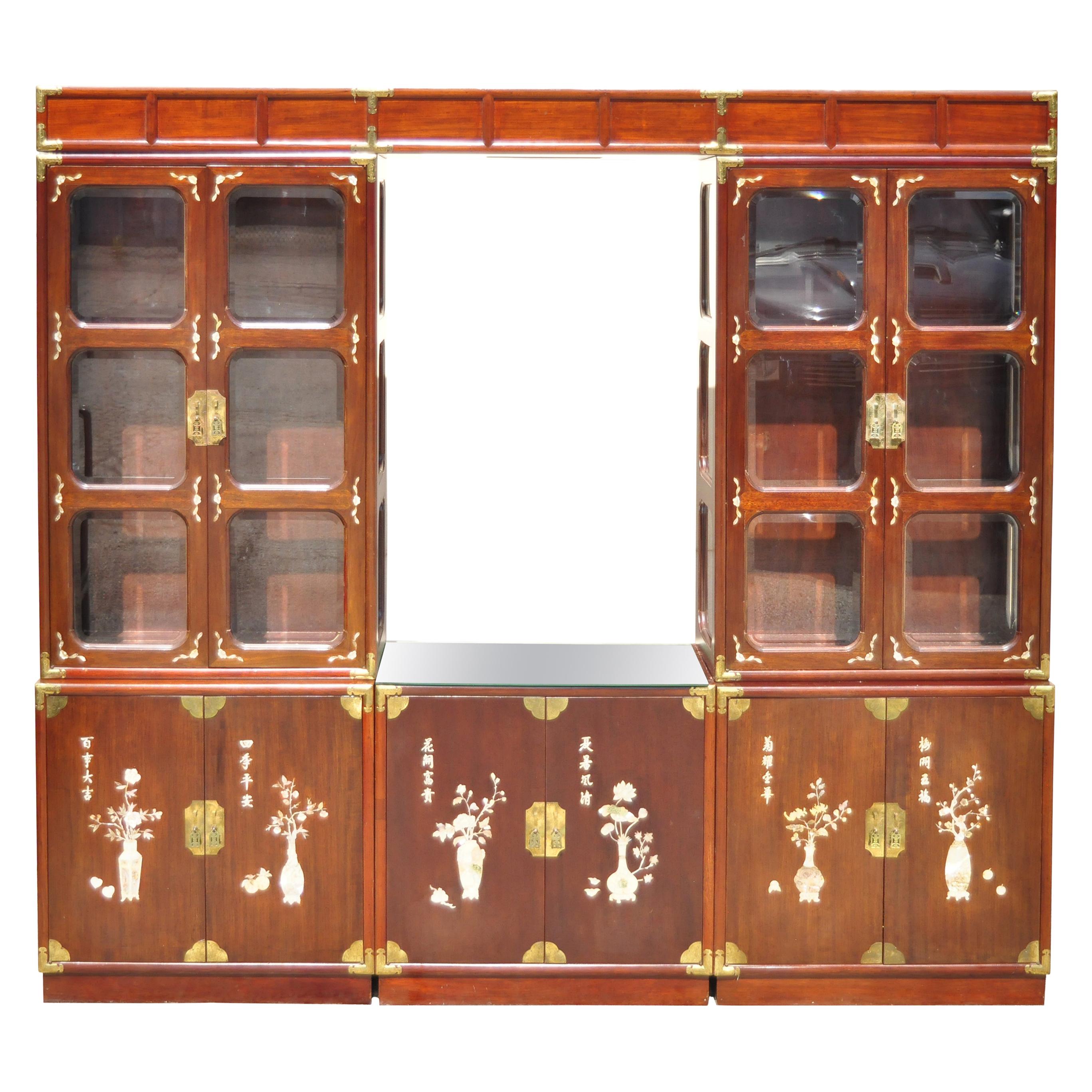 Asian Mother of Pearl Rosewood Cherry Lg China Cabinet Curio Display Wall Unit For Sale