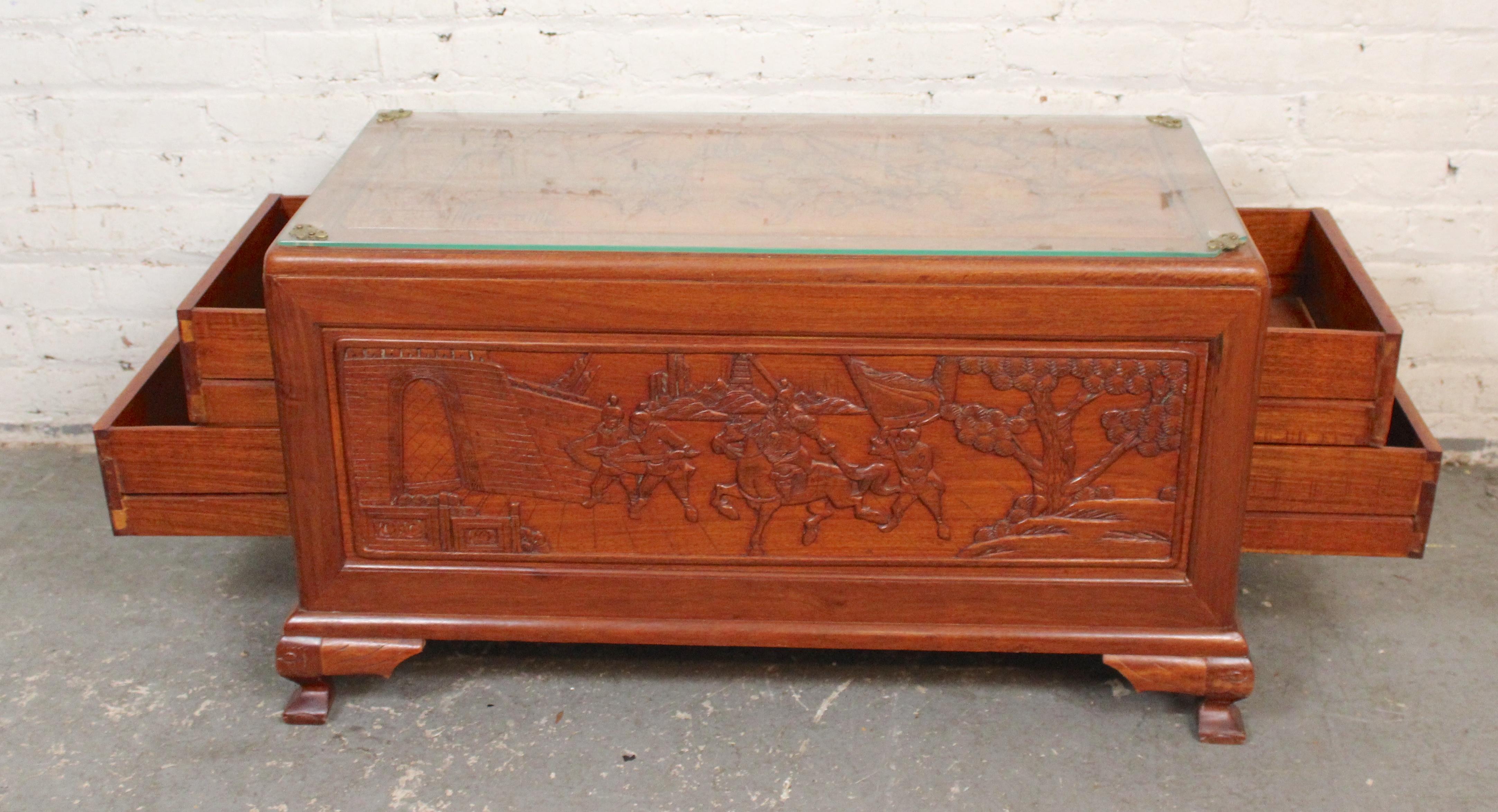 Hand-Carved Asian Motif Coffee Table For Sale