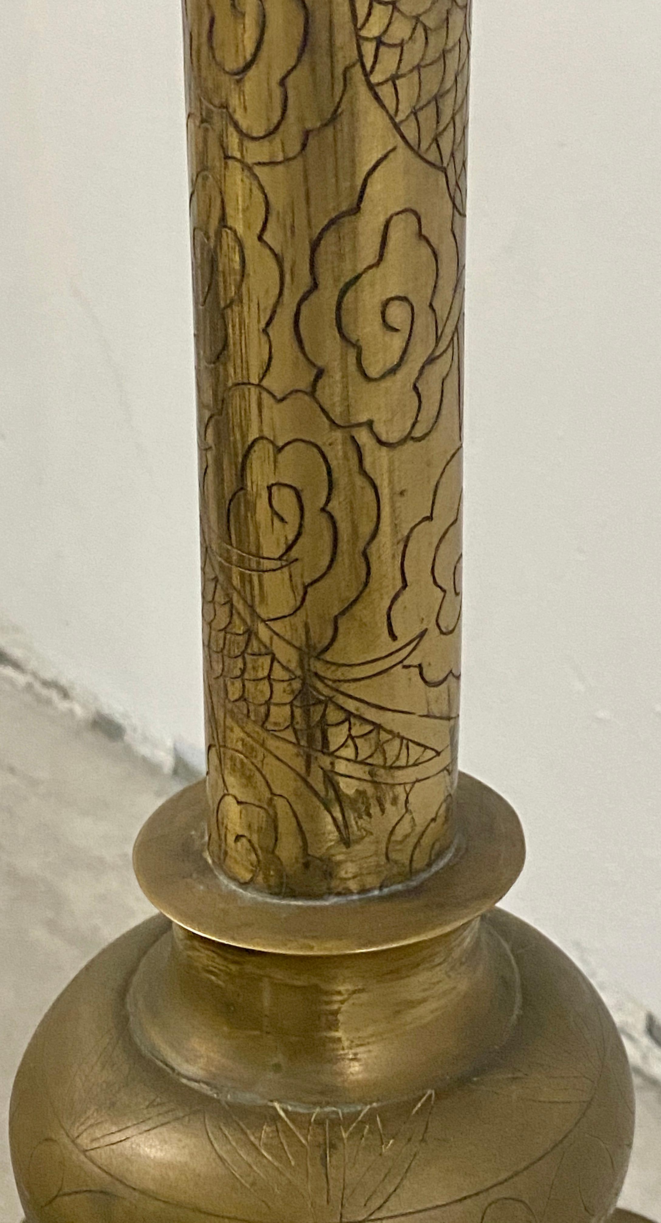 Asian Motif Etched Brass Free Standing Floor Lamp, circa 1920 For Sale 1