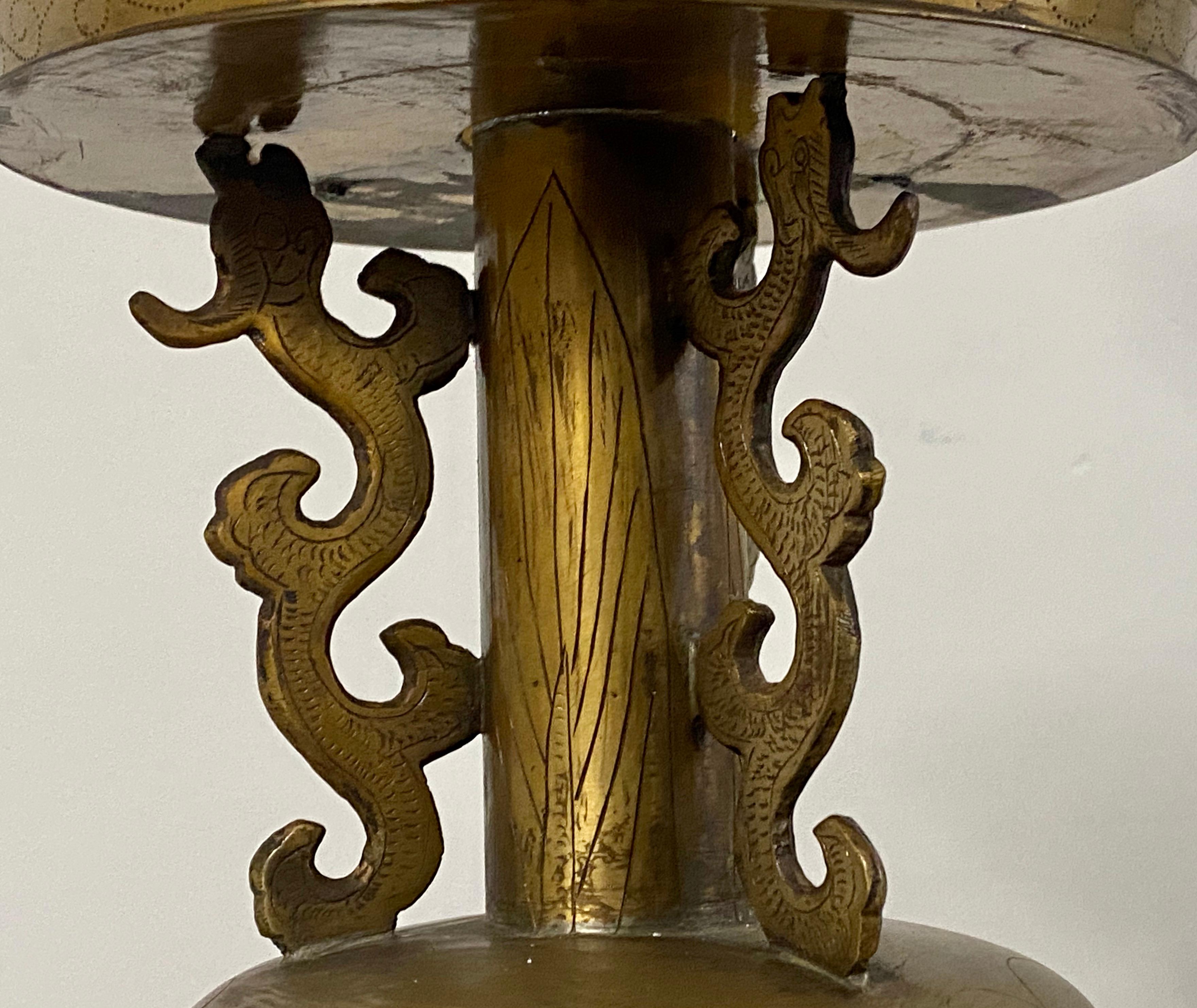 Chinese Asian Motif Etched Brass Free Standing Floor Lamp, circa 1920 For Sale