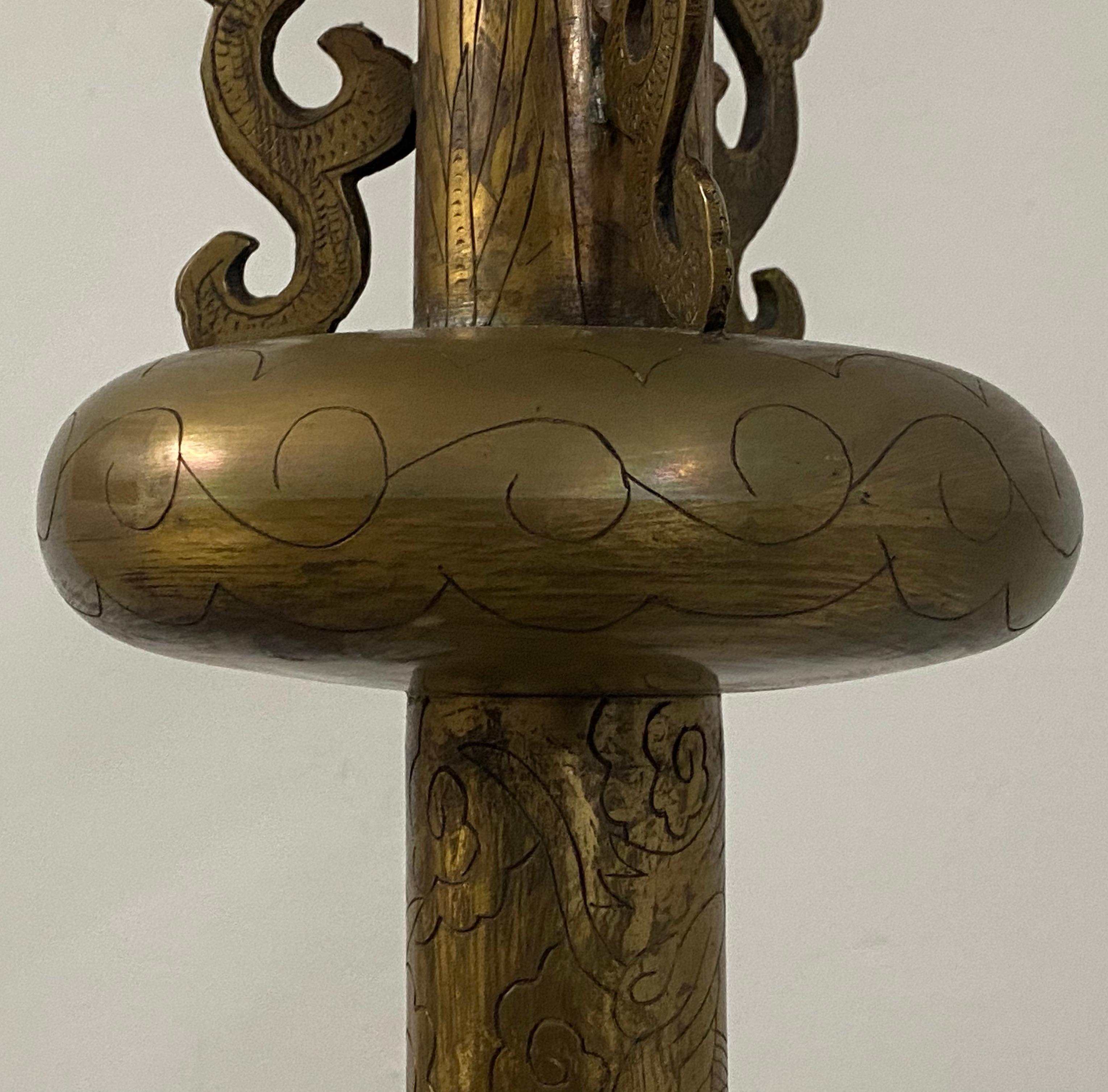 20th Century Asian Motif Etched Brass Free Standing Floor Lamp, circa 1920 For Sale