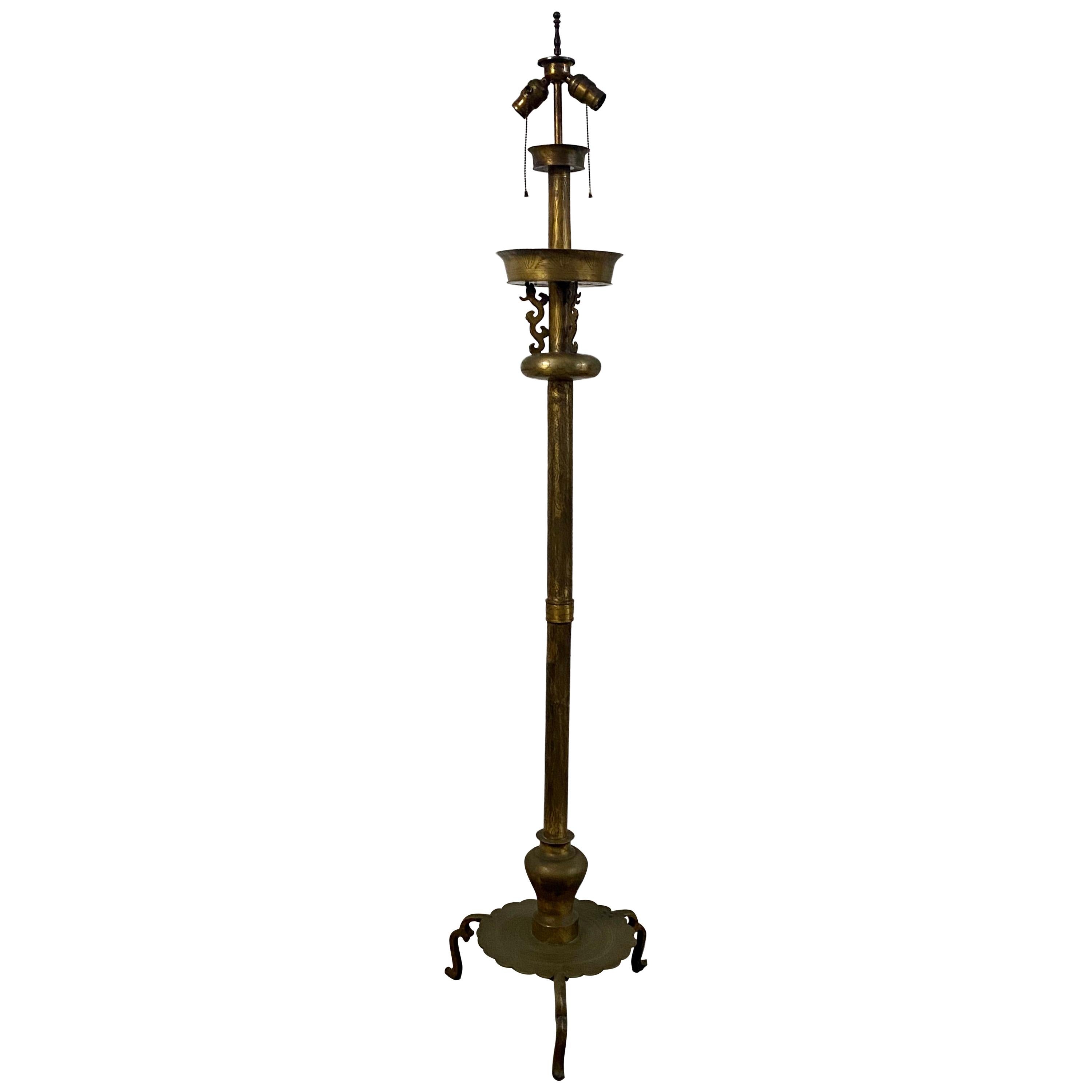 Asian Motif Etched Brass Free Standing Floor Lamp, circa 1920 For Sale