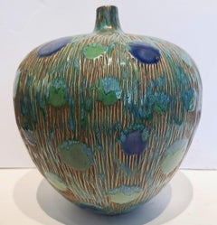 Asian Motif Incised Ceramic Glazed Single Stem Vessel Pot