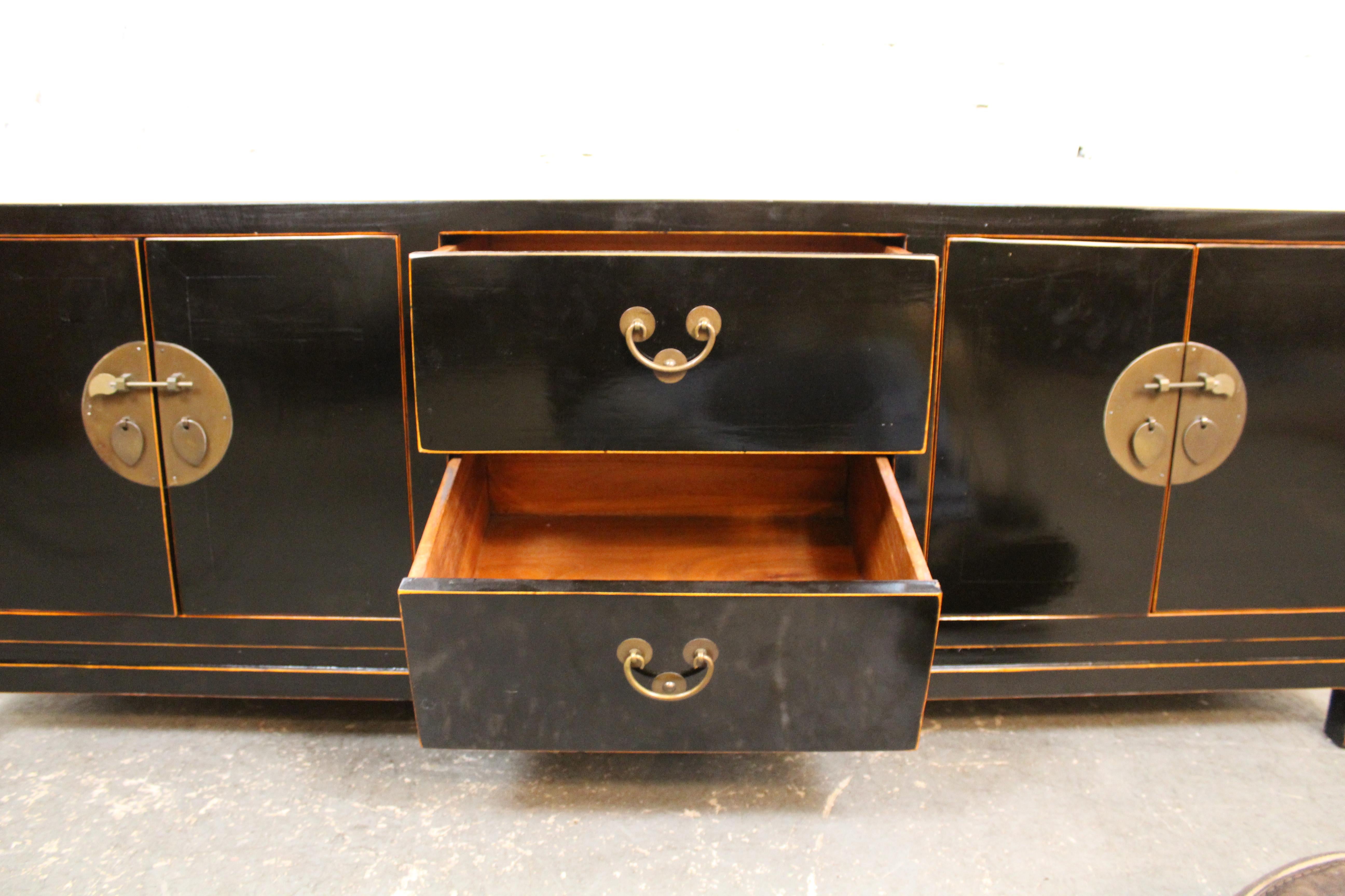 Wood Asian Motif Lacquered Console Cabinet For Sale