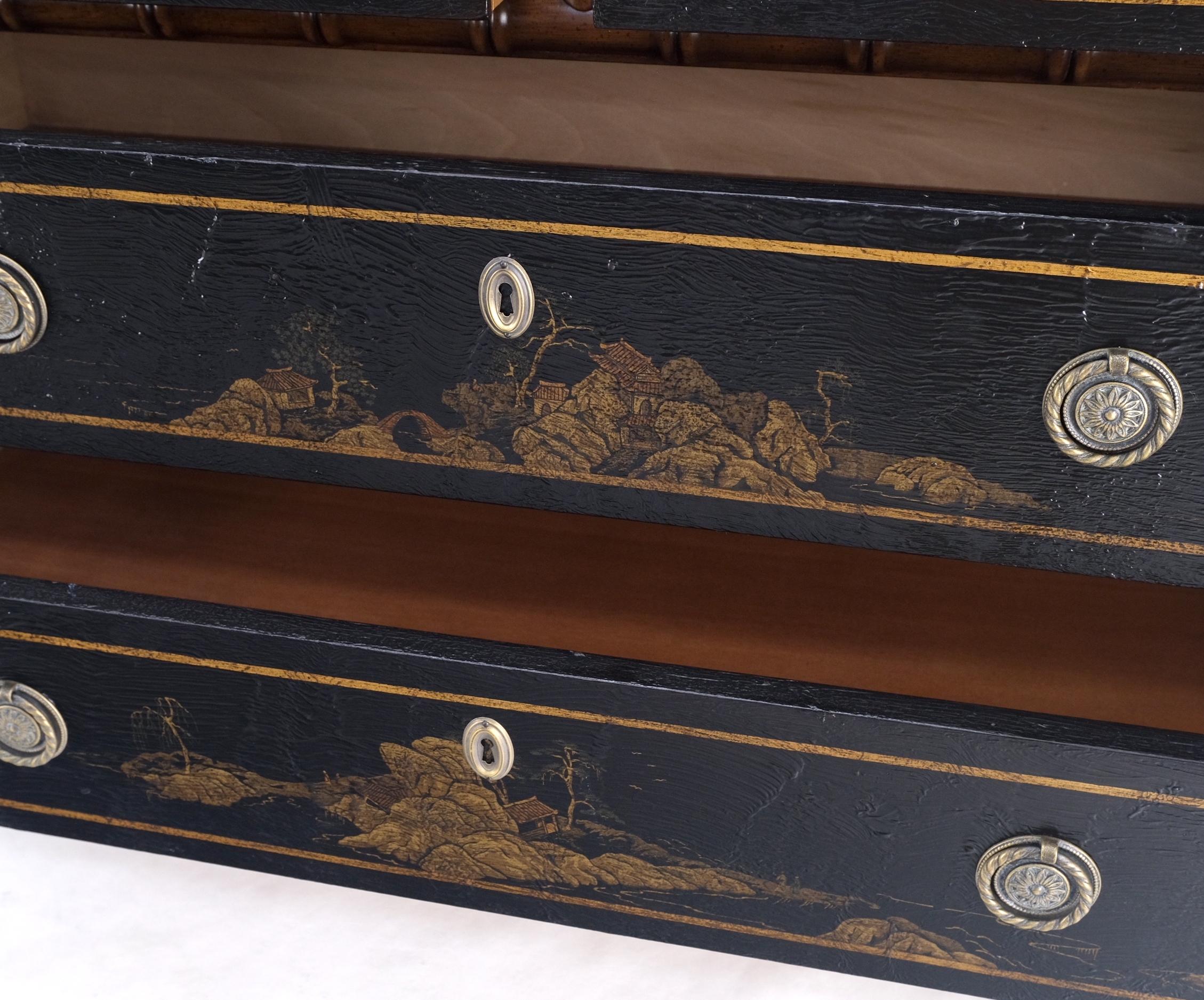 Lacquered Asian Motive Scene Drawer Decorated Faux Bamboo 4 Drawers Dresser Bachelor Chest For Sale