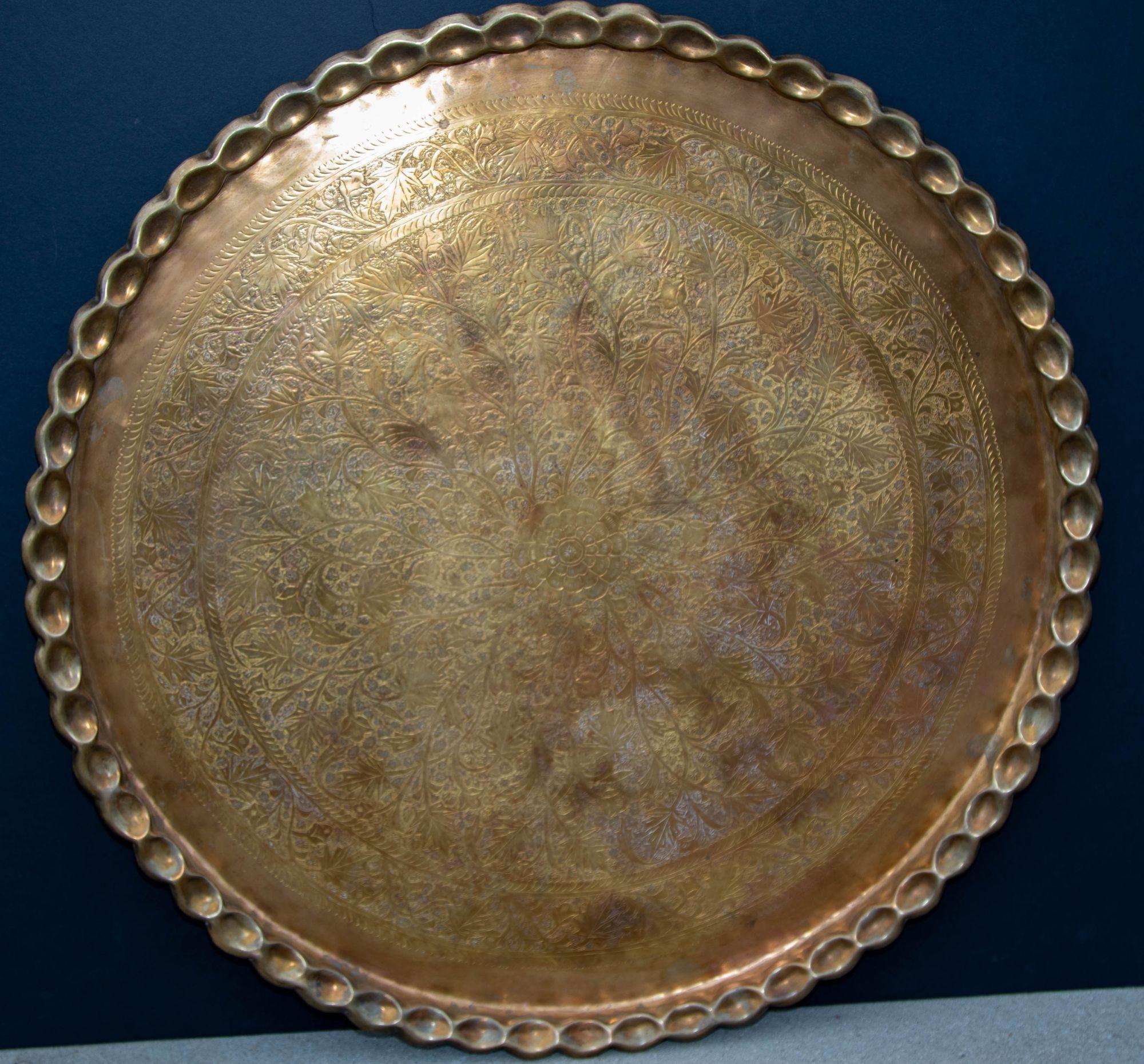Asian Mughal Rajasthani Large Polished Round Brass Tray with Crest Edges 37 in D 5