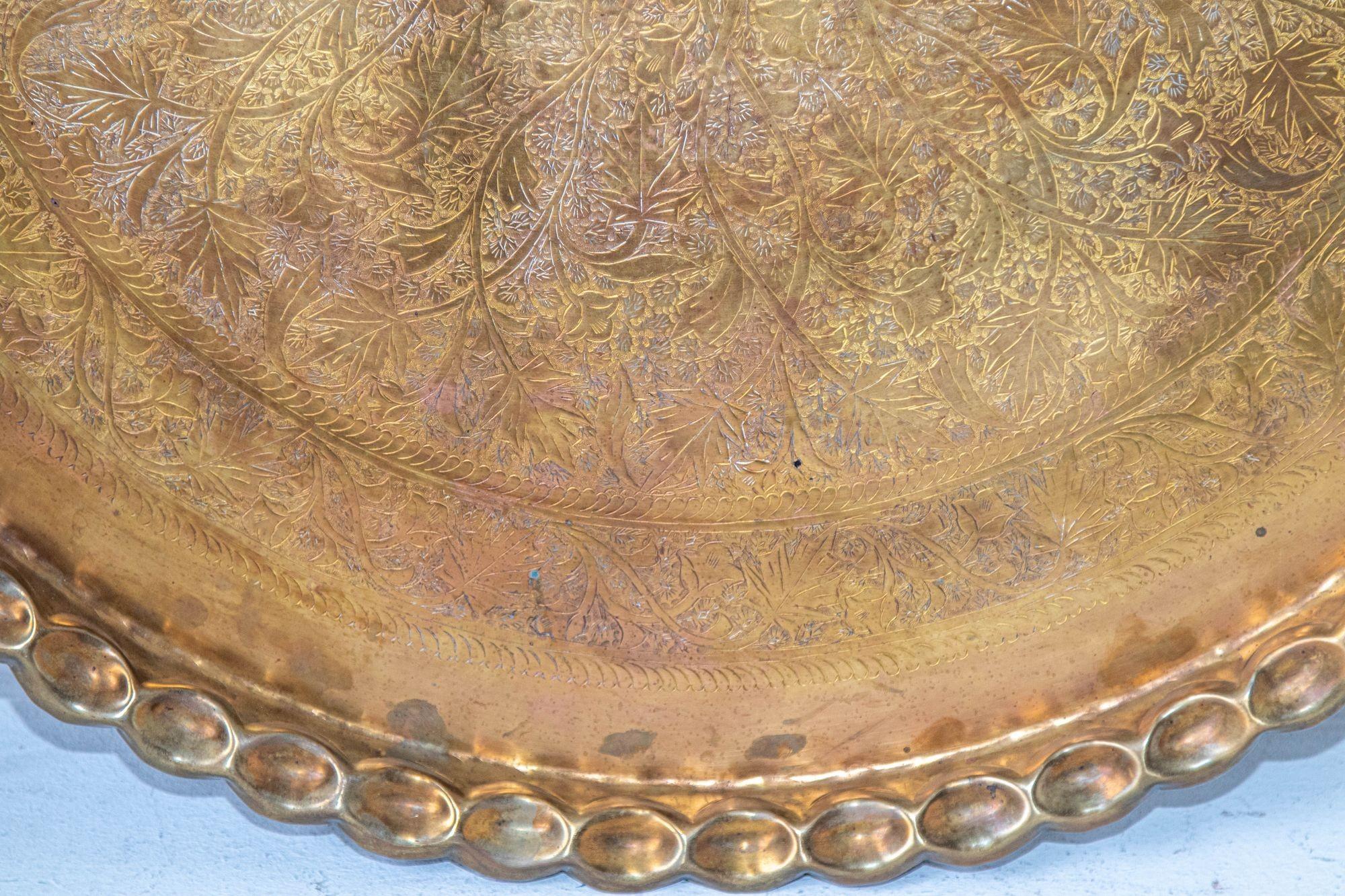 Bohemian Asian Mughal Rajasthani Large Polished Round Brass Tray with Crest Edges 37 in D