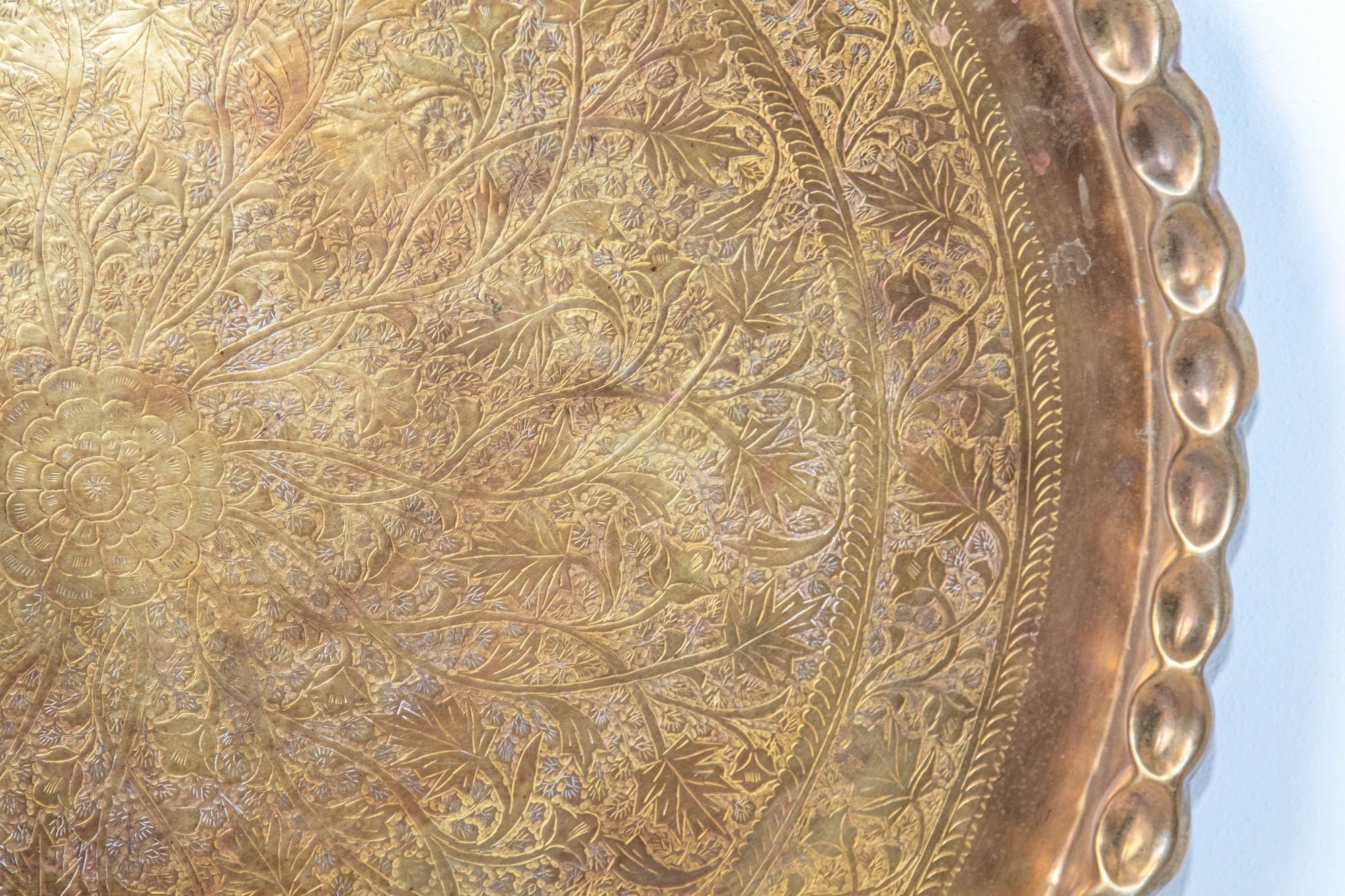Hammered Asian Mughal Rajasthani Large Polished Round Brass Tray with Crest Edges 37 in D