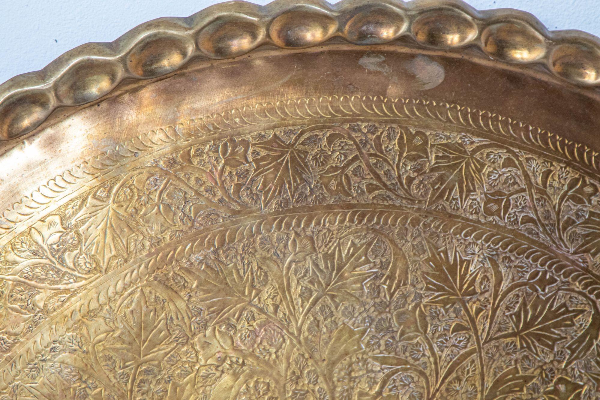 Asian Mughal Rajasthani Large Polished Round Brass Tray with Crest Edges 37 in D 1