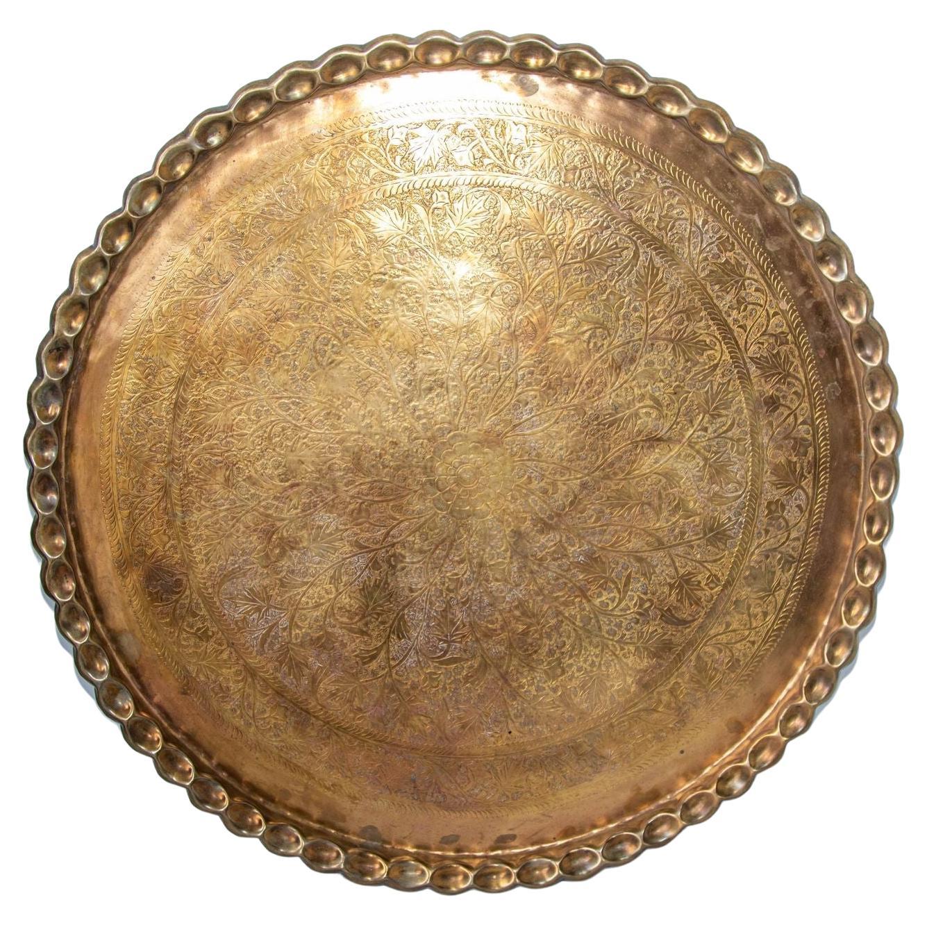 Asian Mughal Rajasthani Large Polished Round Brass Tray with Crest Edges 37 in D