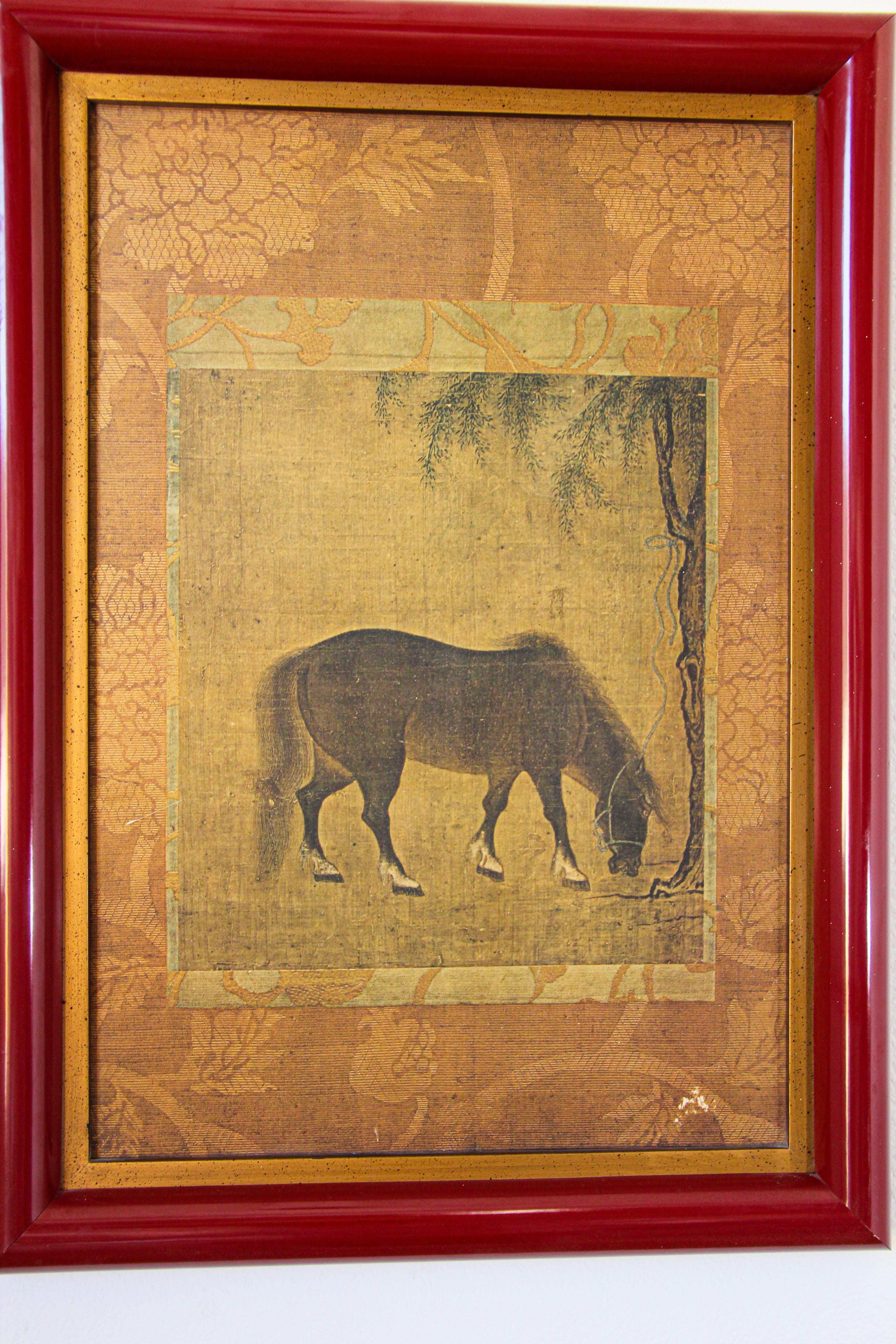 Asian Chinese horse print in a red wood frame.
Chinese lithograph print study of a horse.
Well framed, no glass.
Size: 21