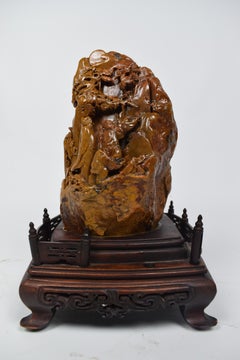 Asian Mustard-Yellow Soapstone Carving Depicting Village Scene, 20th Century