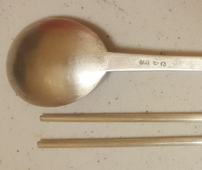 Asian Oriental 999 Silver Chopstick Spoon Set for 10 Blue Enamel Design