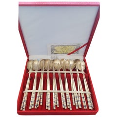 Asian Oriental 999 Silver Chopstick Spoon Set for 10 Blue Enamel Design 1122 Gr.