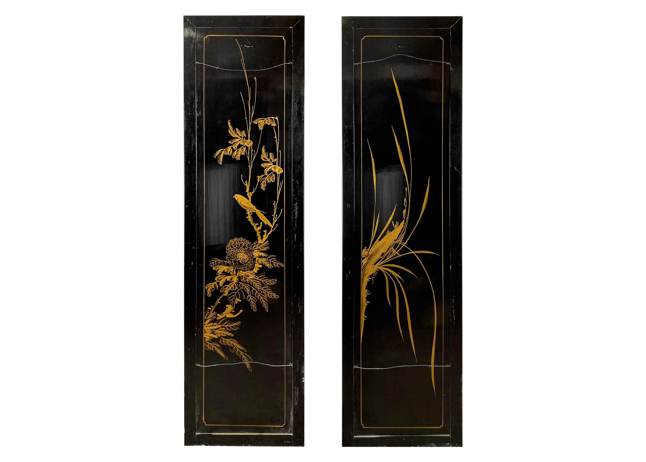 a Pair of Asian Oriental Wall Screen Panels—an embodiment of timeless elegance and artistic finesse. The front of each panel is adorned with a resplendent gold canvas, a testament to the opulence found in Asian Oriental artistry. A captivating