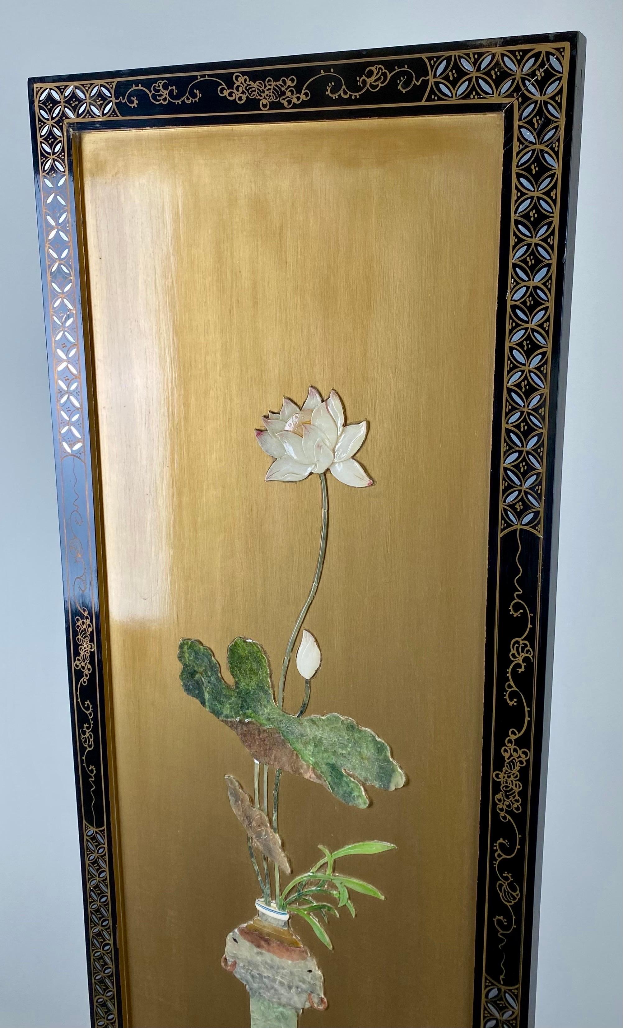 Asian Oriental Gold and Ebony Wall Panel with flowers and Vases Design, a Pair  2