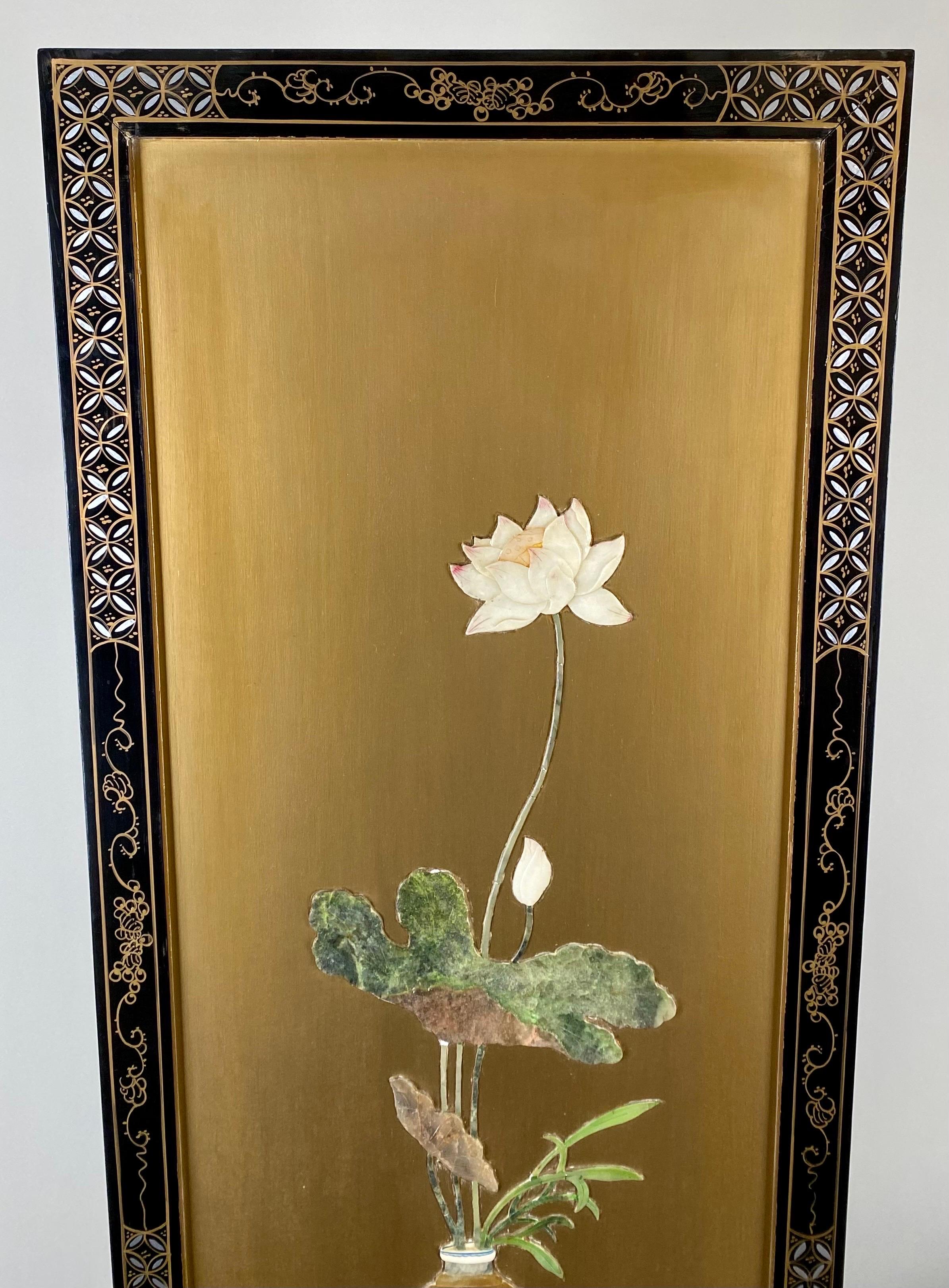 Asian Oriental Gold and Ebony Wall Panel with flowers and Vases Design, a Pair  3