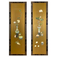 Asian Oriental Gold and Ebony Wall Panel with flowers and Vases Design, a Pair 