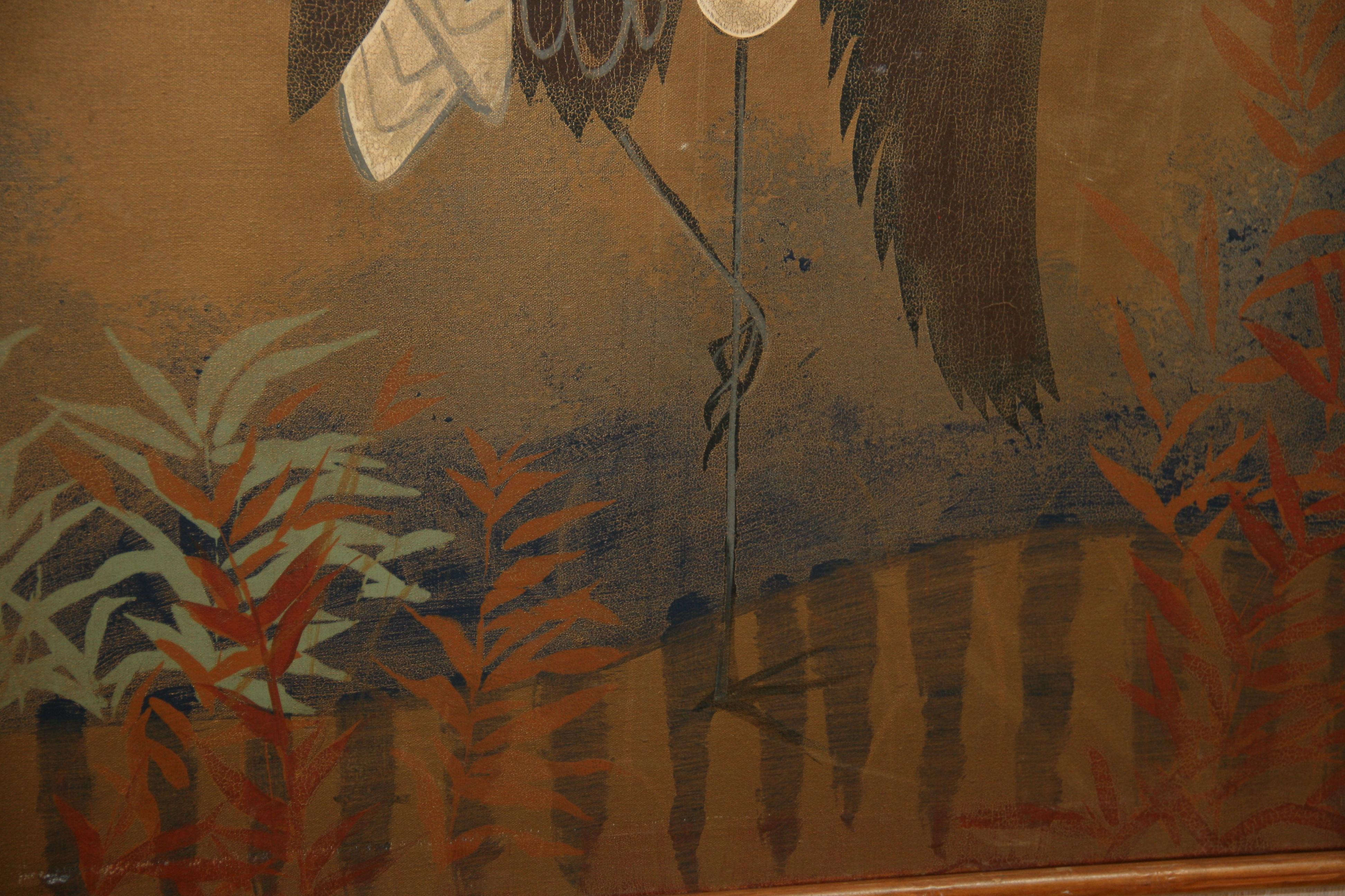 Japanese / Asian Oversized Egret Landscape Painting 1940's For Sale 2