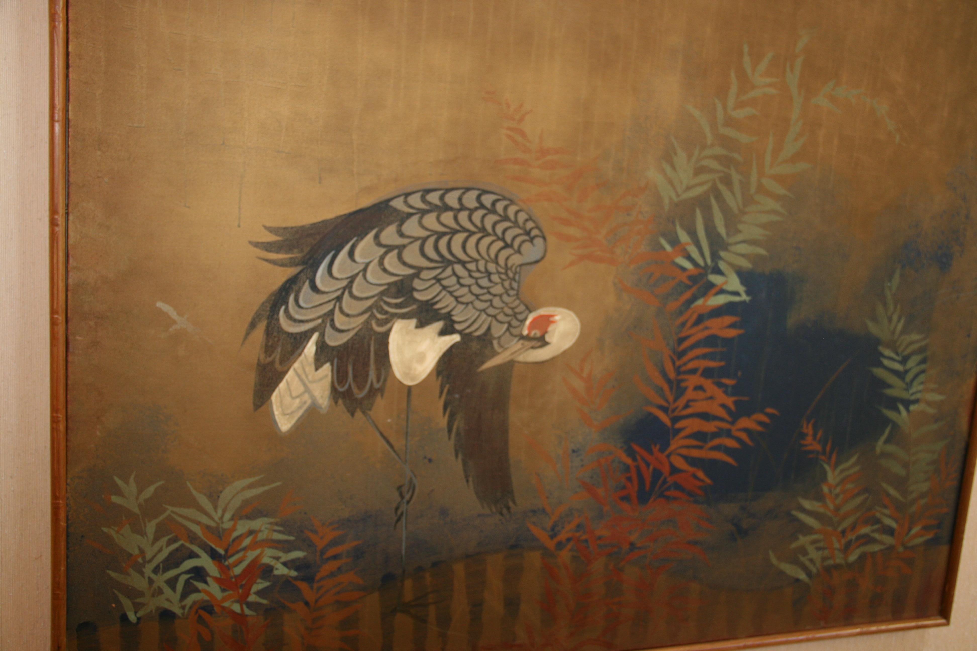Peinture japonaise/ asiatique d'un paysage à égret surdimensionné, années 1940 Bon état - En vente à Douglas Manor, NY