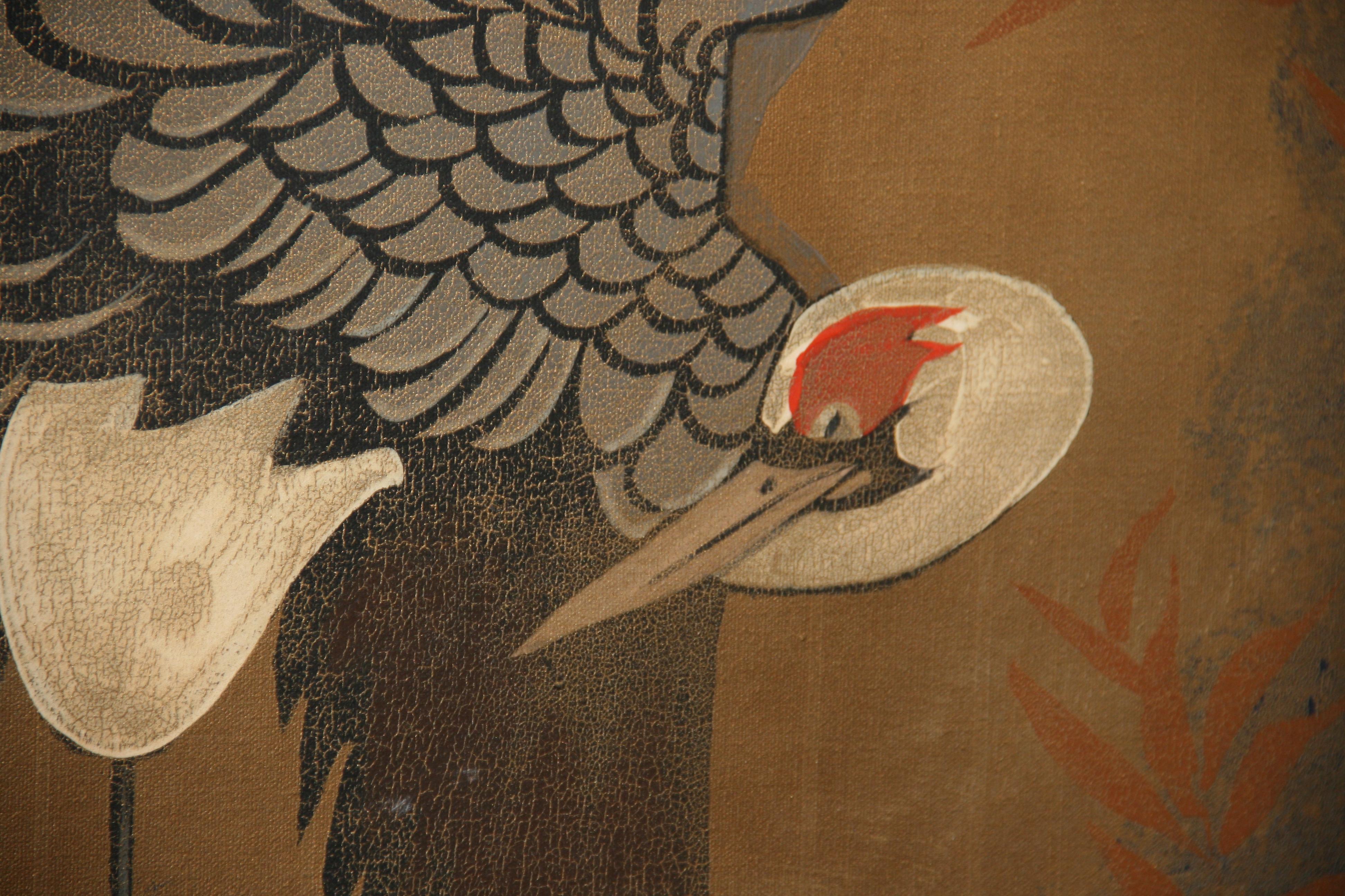 Japanese / Asian Oversized Egret Landscape Painting 1940's In Good Condition For Sale In Douglas Manor, NY